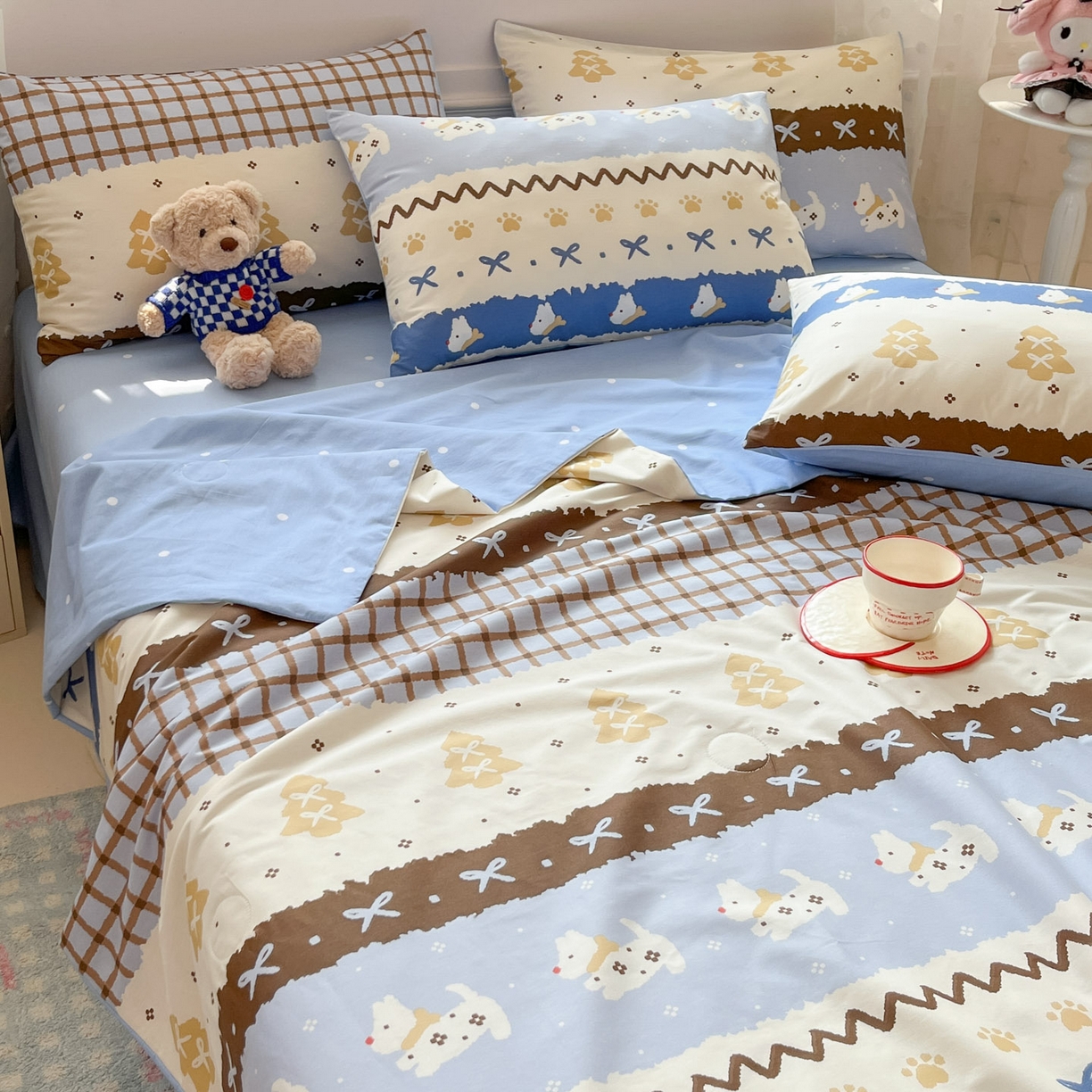 91家纺网 家纺一手货源 找家纺 博雅 2026春夏新款卡通全棉夏被夏凉被空调被四件套 雪地小狗