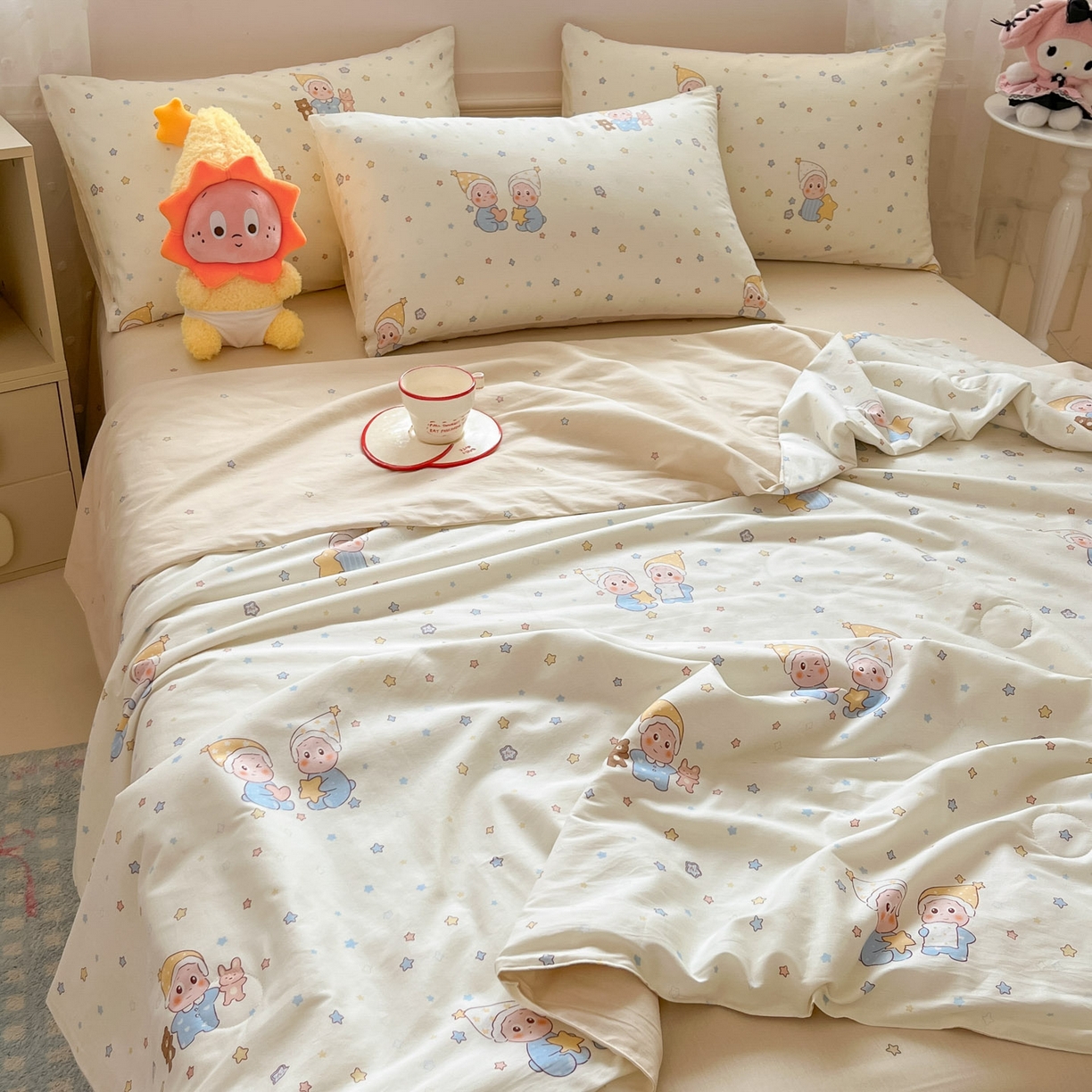 91家纺网 家纺一手货源 找家纺 博雅 2026春夏新款卡通全棉夏被夏凉被空调被四件套 可爱玩伴星星人