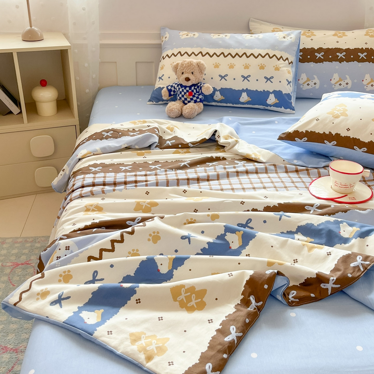 91家纺网 家纺一手货源 找家纺 博雅 2026春夏新款卡通全棉夏被夏凉被空调被四件套 雪地小狗