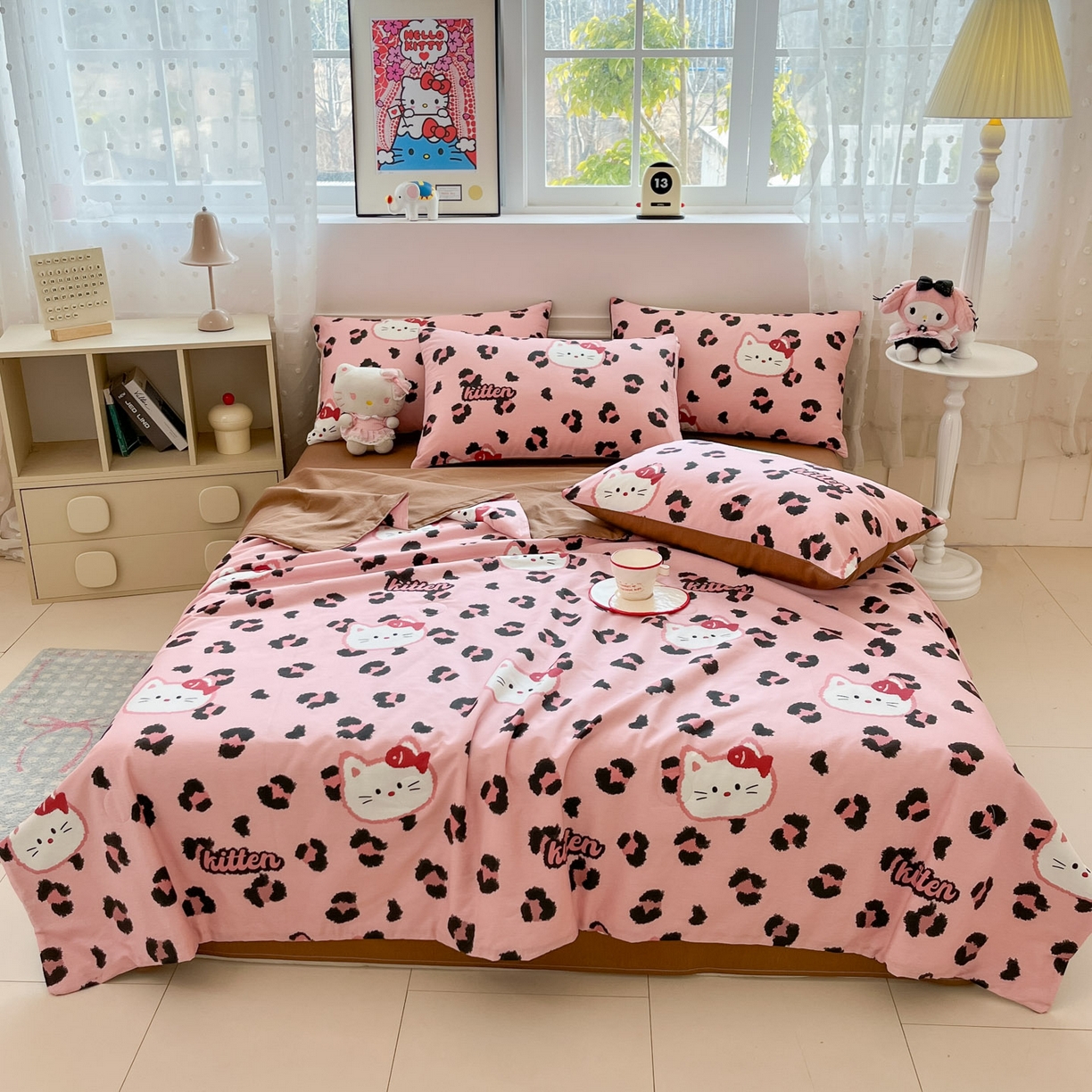 91家纺网 家纺一手货源 找家纺 博雅 2026春夏新款卡通全棉夏被夏凉被空调被四件套 豹纹小猫-粉