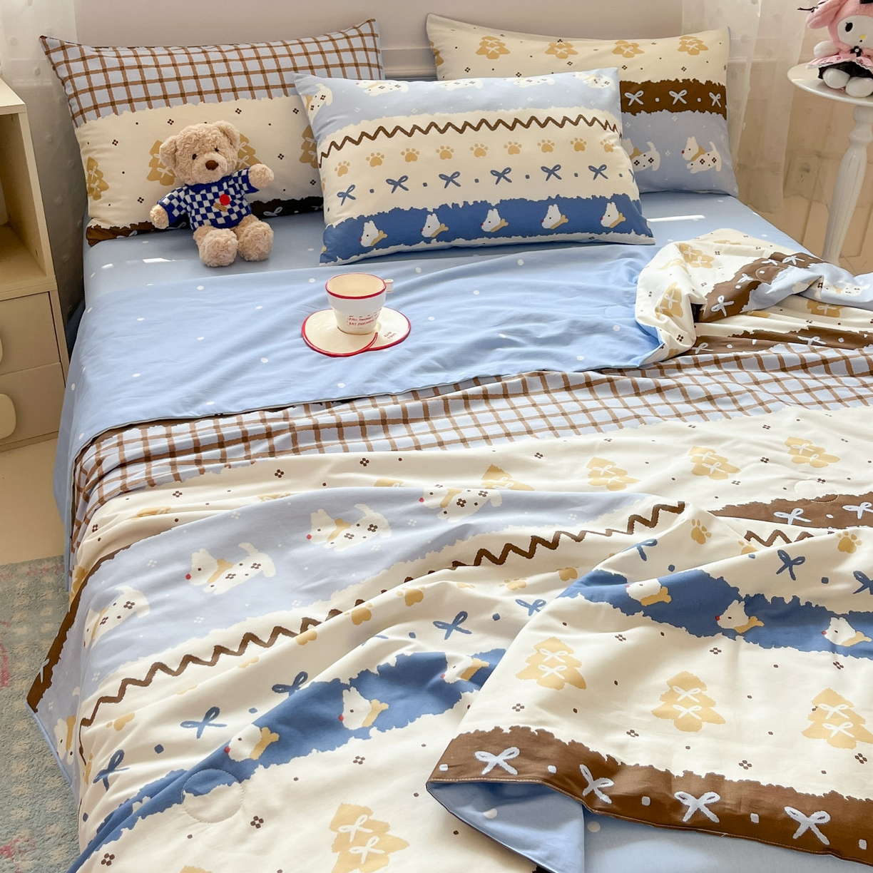 91家纺网 家纺一手货源 找家纺 博雅 2026春夏新款卡通全棉夏被夏凉被空调被四件套 雪地小狗