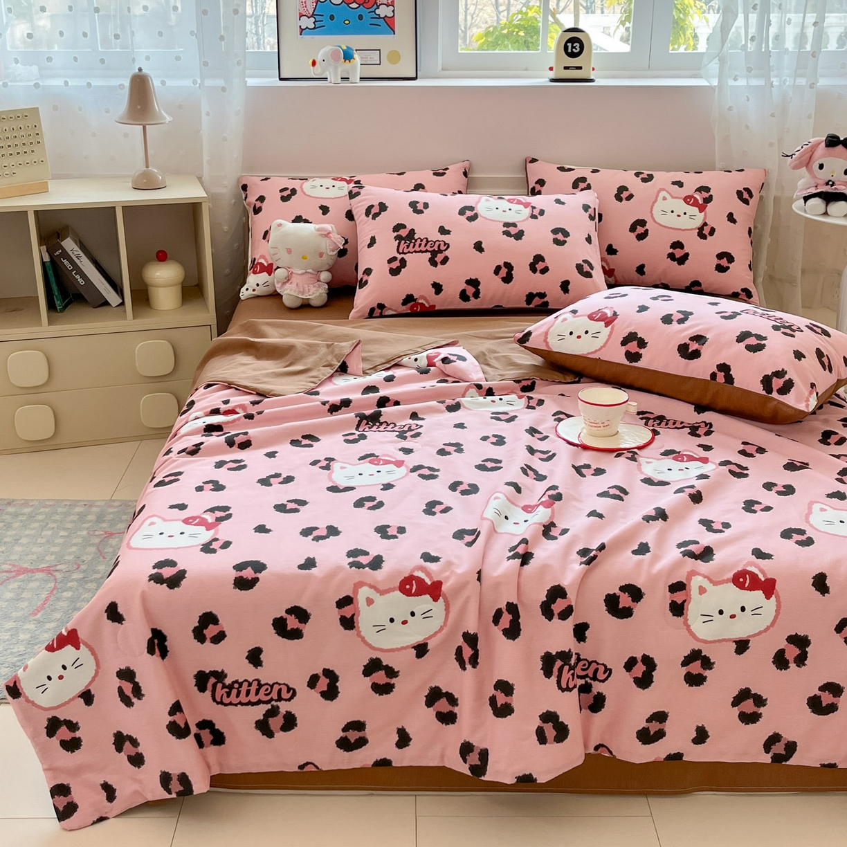91家纺网 家纺一手货源 找家纺 博雅 2026春夏新款卡通全棉夏被夏凉被空调被四件套 豹纹小猫-粉