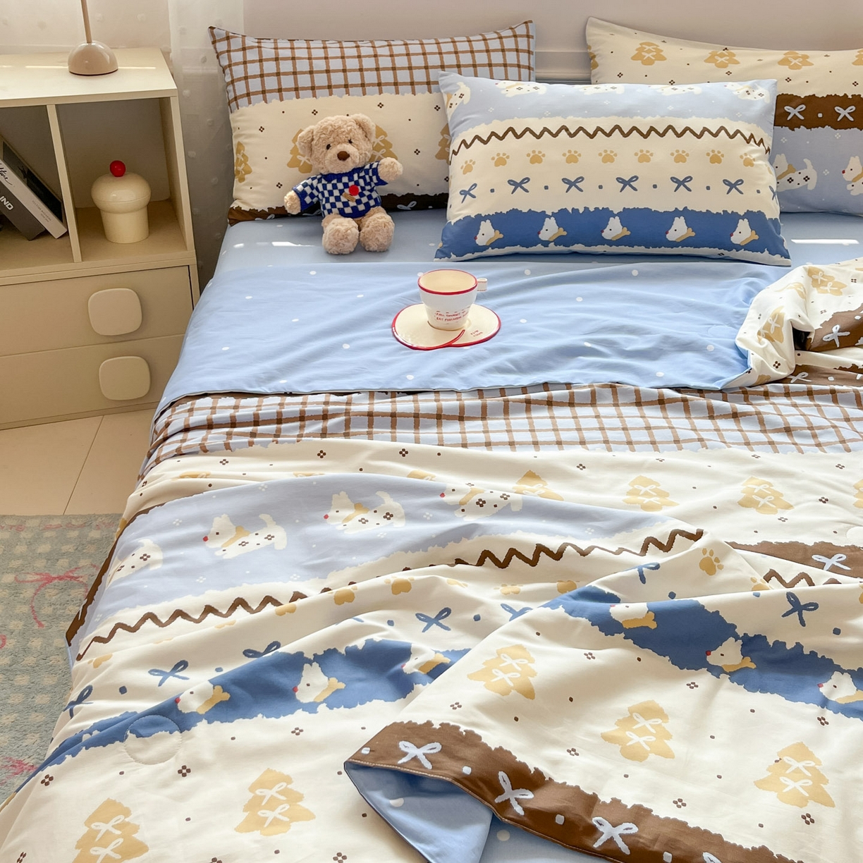 91家纺网 家纺一手货源 找家纺 博雅 2026春夏新款卡通全棉夏被夏凉被空调被四件套 雪地小狗