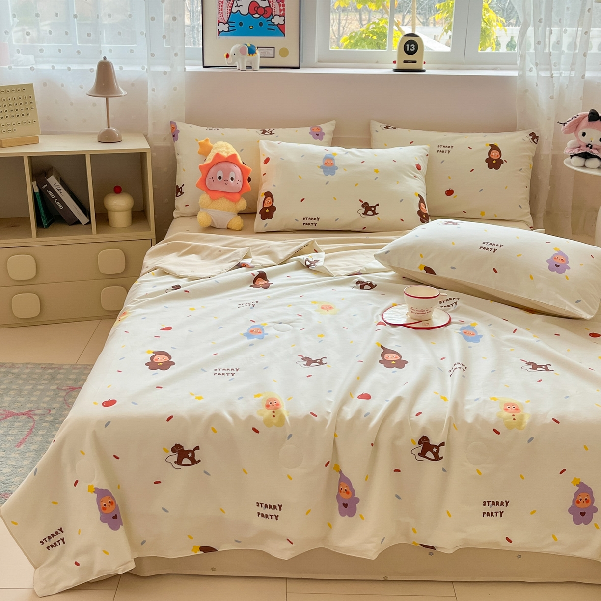 91家纺网 家纺一手货源 找家纺 博雅 2026春夏新款卡通全棉夏被夏凉被空调被四件套 苹果彩带星星人
