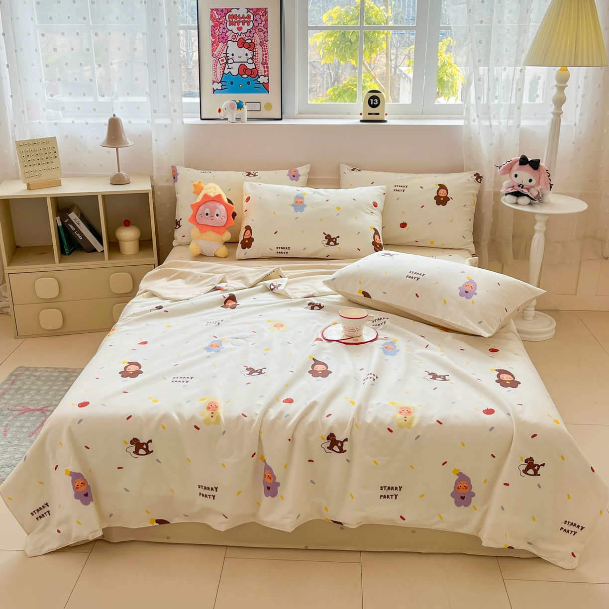 91家纺网 家纺一手货源 找家纺 博雅 2026春夏新款卡通全棉夏被夏凉被空调被四件套 苹果彩带星星人