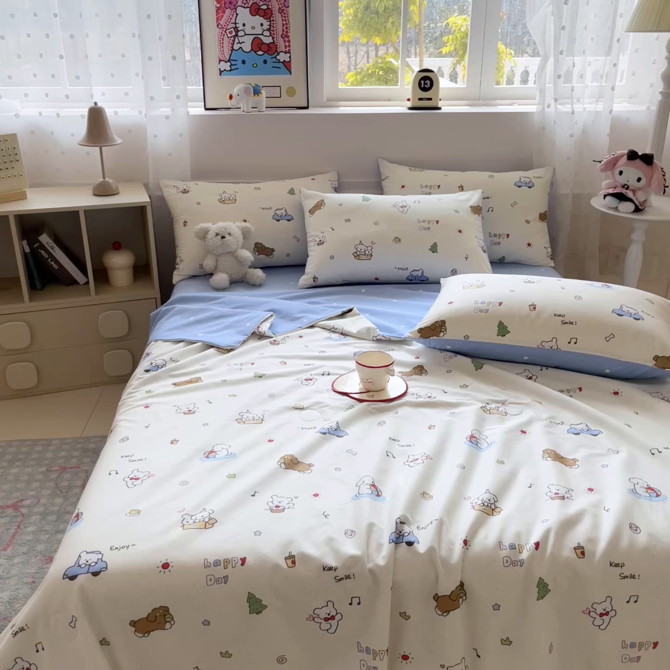 91家纺网 家纺一手货源 找家纺 博雅 2026春夏新款卡通全棉夏被夏凉被空调被四件套 快乐汪星人
