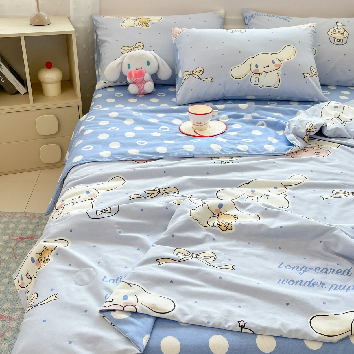 91家纺网 家纺一手货源 找家纺 博雅 2026春夏新款三丽鸥全棉夏被夏凉被空调被四件套 点点玉桂狗