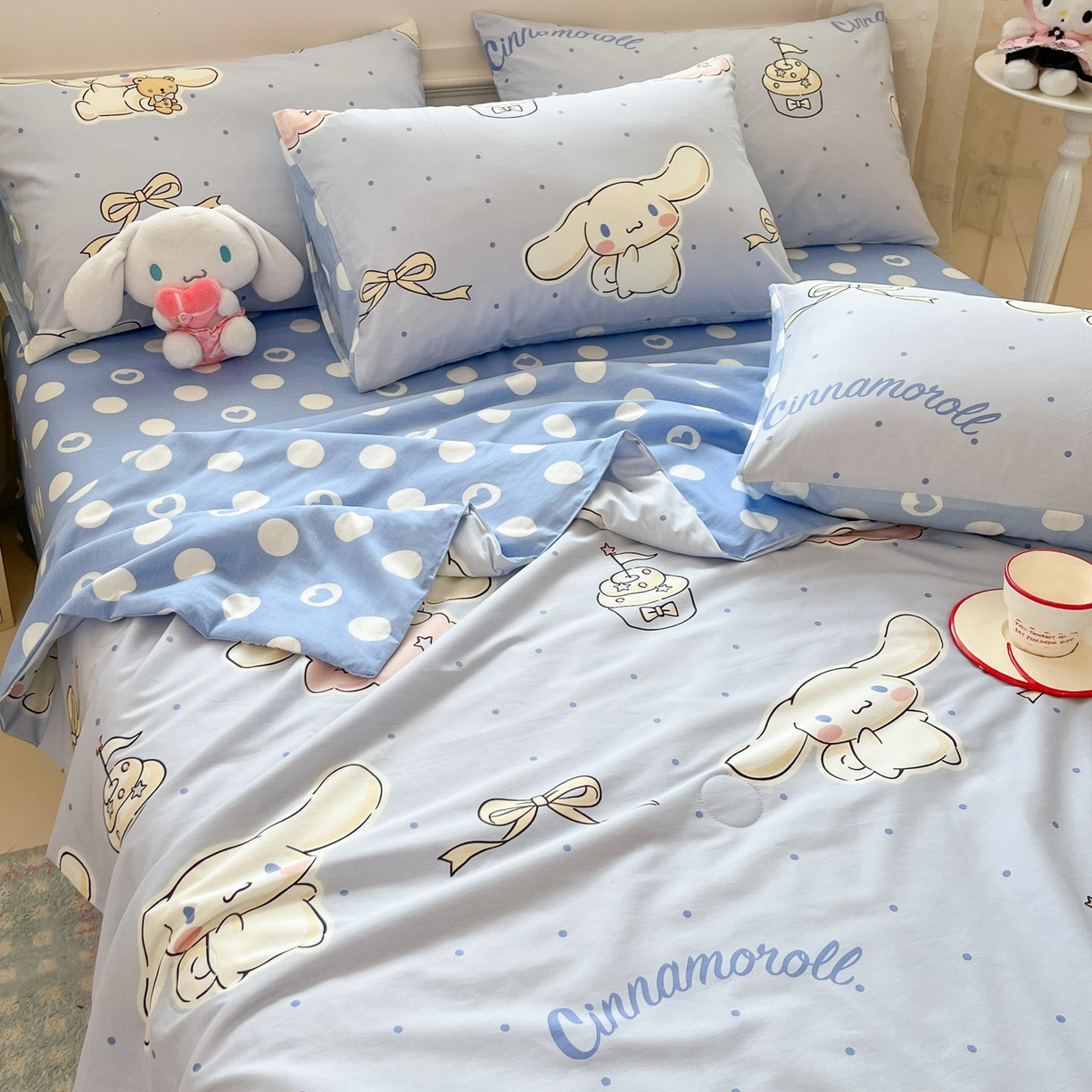 91家纺网 家纺一手货源 找家纺 博雅 2026春夏新款三丽鸥全棉夏被夏凉被空调被四件套 点点玉桂狗