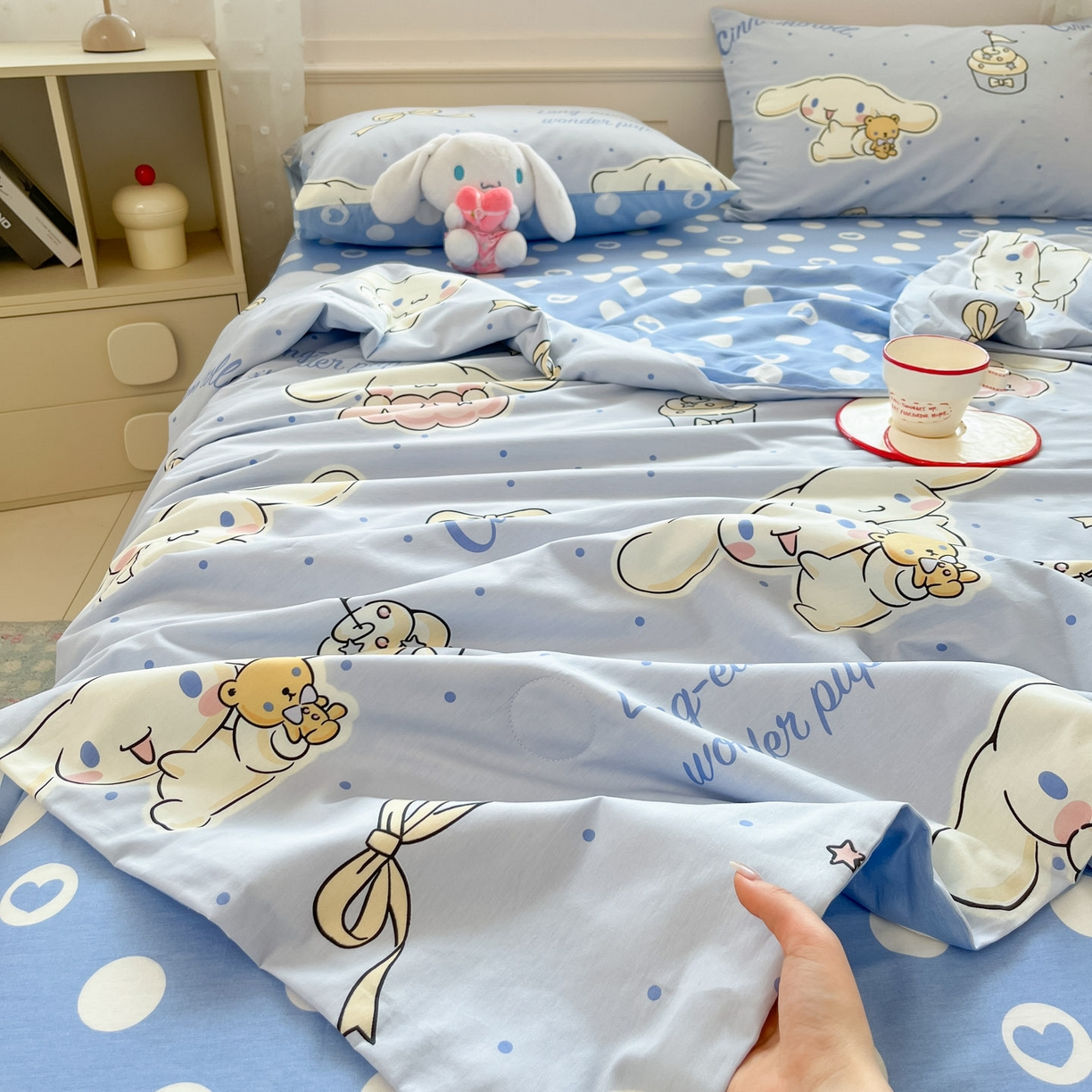 91家纺网 家纺一手货源 找家纺 博雅 2026春夏新款三丽鸥全棉夏被夏凉被空调被四件套 点点玉桂狗