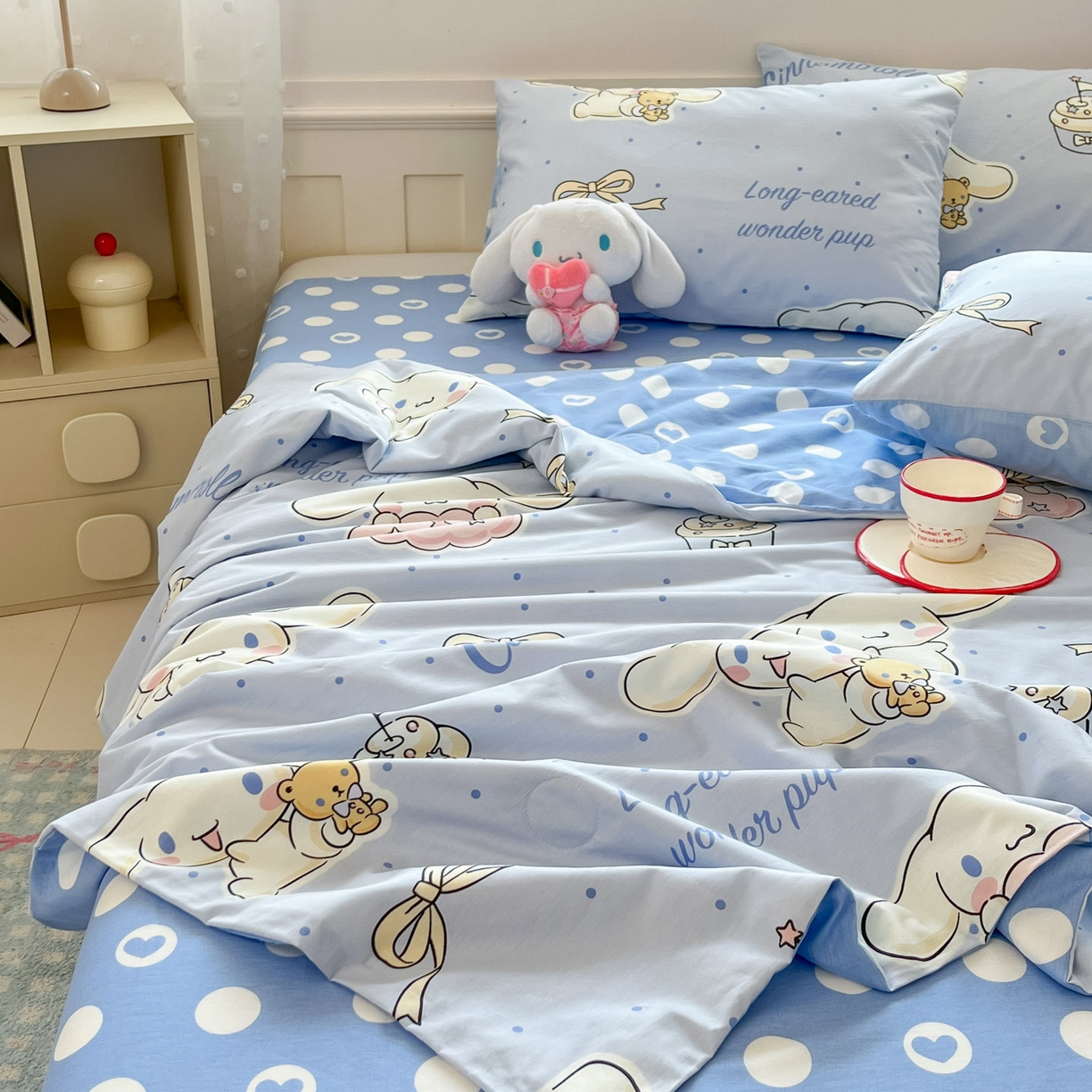 91家纺网 家纺一手货源 找家纺 博雅 2026春夏新款三丽鸥全棉夏被夏凉被空调被四件套 点点玉桂狗