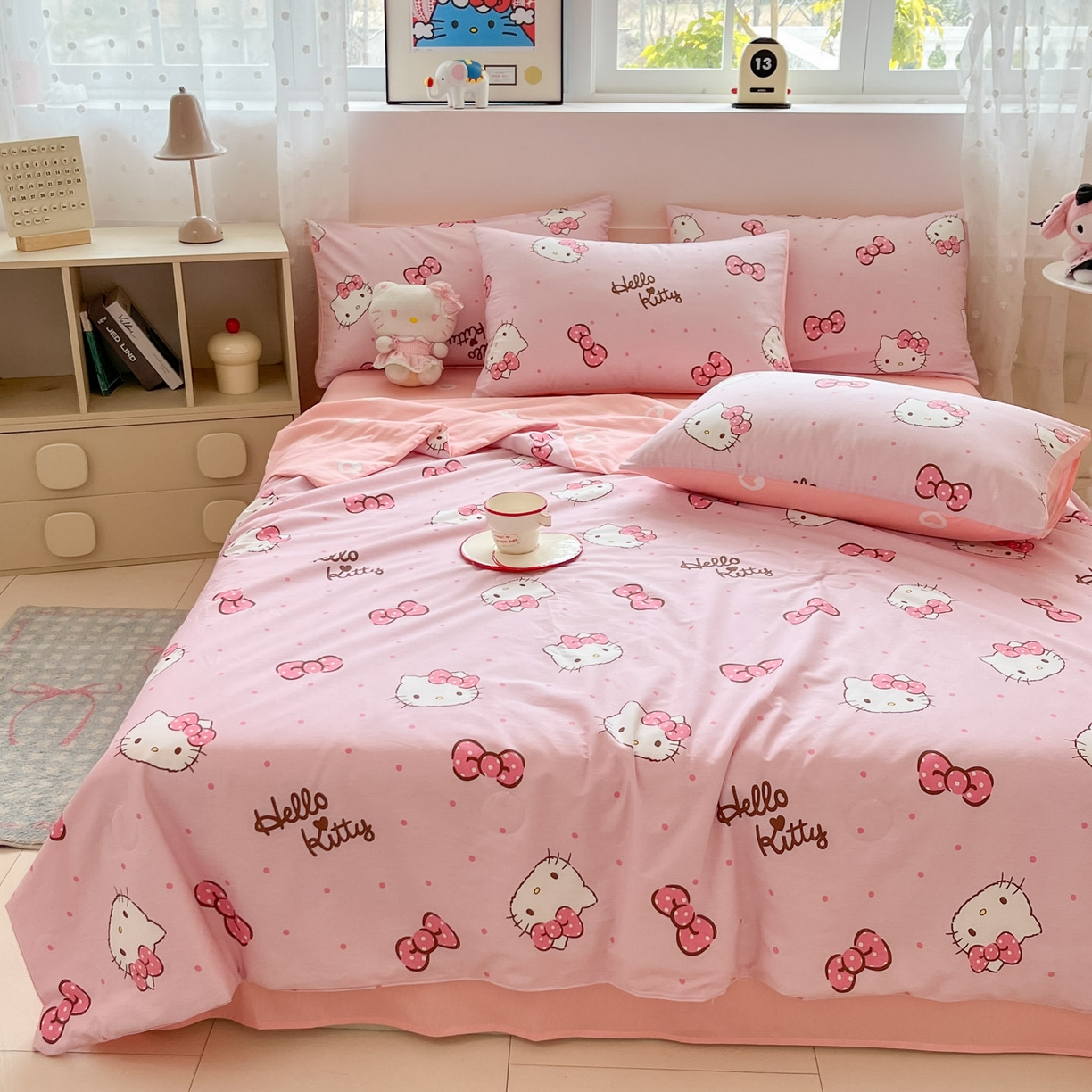 91家纺网 家纺一手货源 找家纺 博雅 2026春夏新款三丽鸥全棉夏被夏凉被空调被四件套 蝴蝶结KT