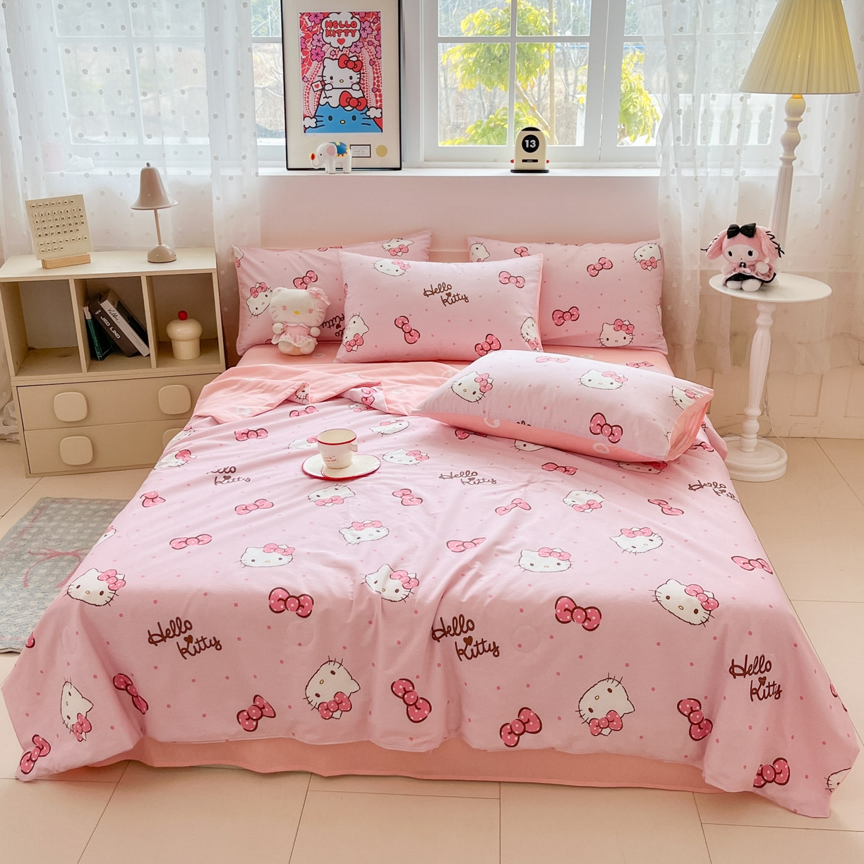 91家纺网 家纺一手货源 找家纺 博雅 2026春夏新款三丽鸥全棉夏被夏凉被空调被四件套 蝴蝶结KT