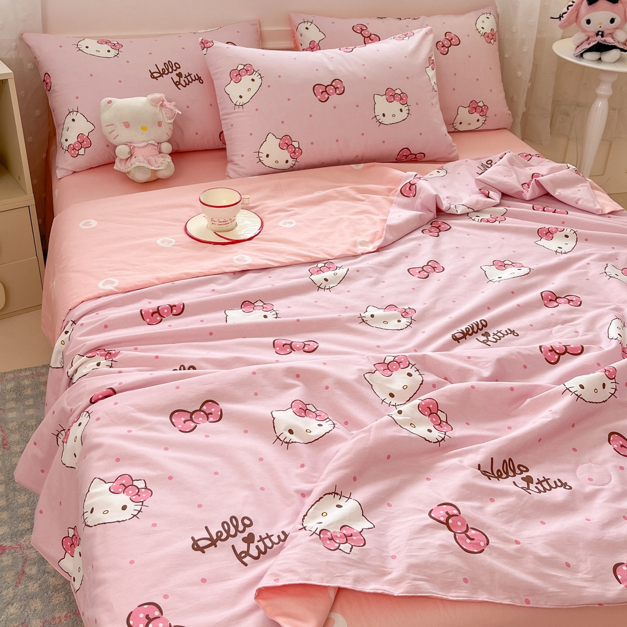 91家纺网 家纺一手货源 找家纺 博雅 2026春夏新款三丽鸥全棉夏被夏凉被空调被四件套 蝴蝶结KT