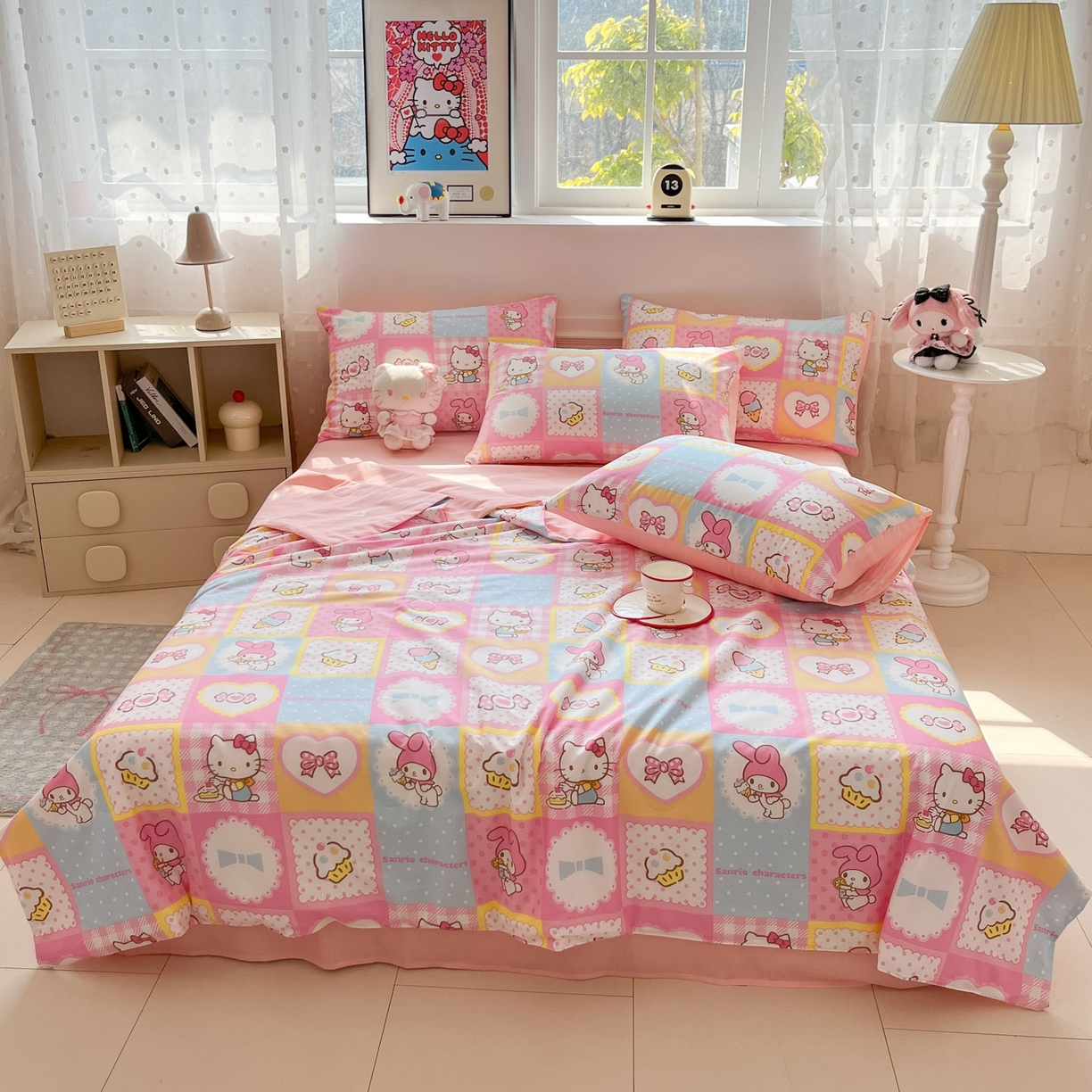 91家纺网 家纺一手货源 找家纺 博雅 2026春夏新款三丽鸥全棉夏被夏凉被空调被四件套 甜品格美乐蒂KT