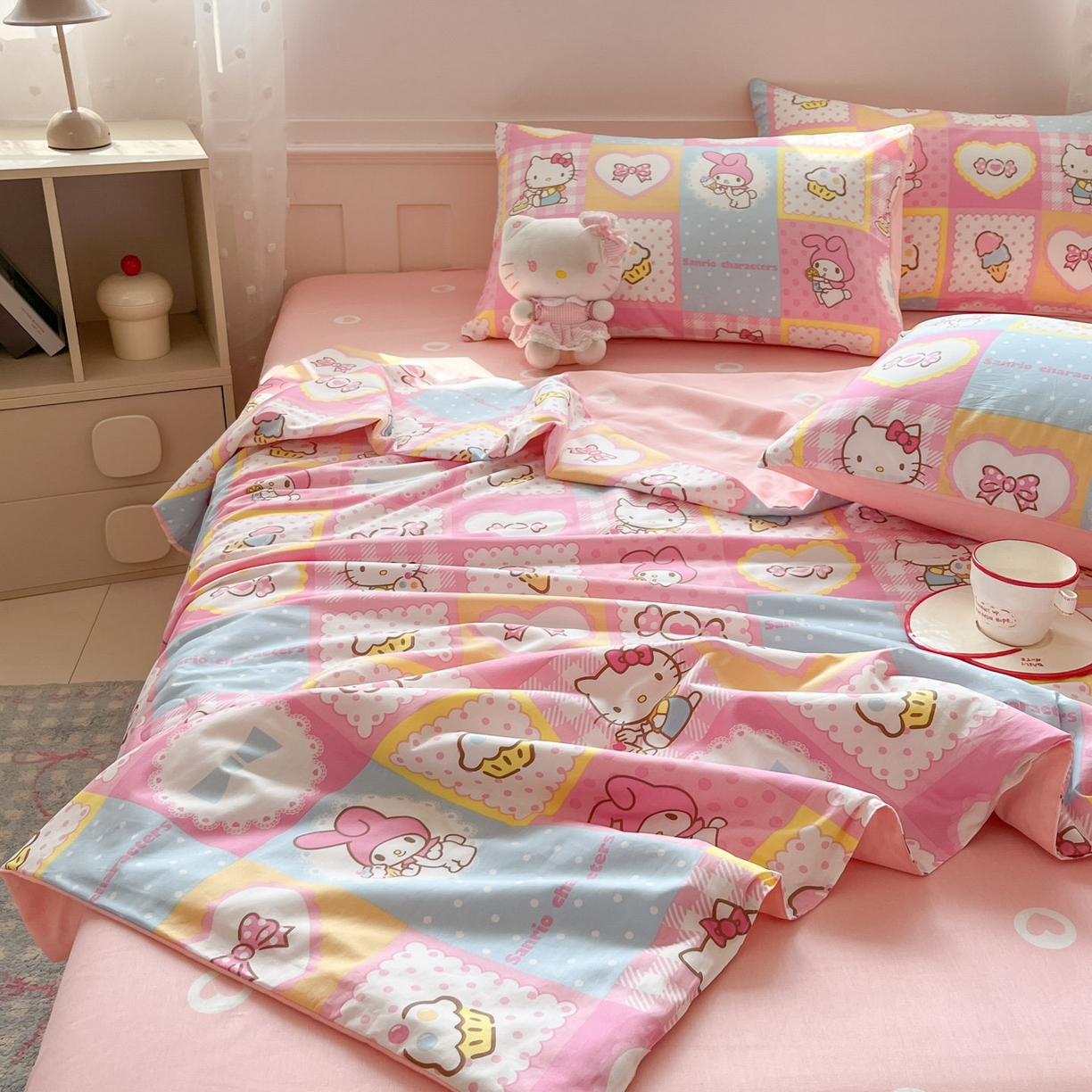 91家纺网 家纺一手货源 找家纺 博雅 2026春夏新款三丽鸥全棉夏被夏凉被空调被四件套 甜品格美乐蒂KT