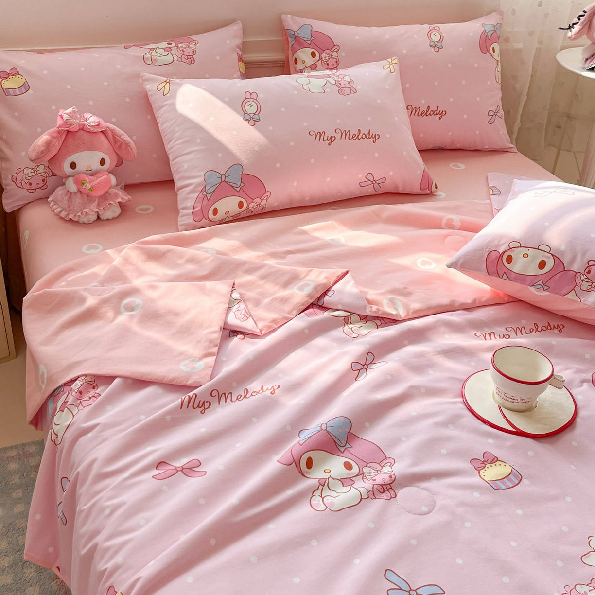 91家纺网 家纺一手货源 找家纺 博雅 2026春夏新款三丽鸥全棉夏被夏凉被空调被四件套 小兔美乐蒂