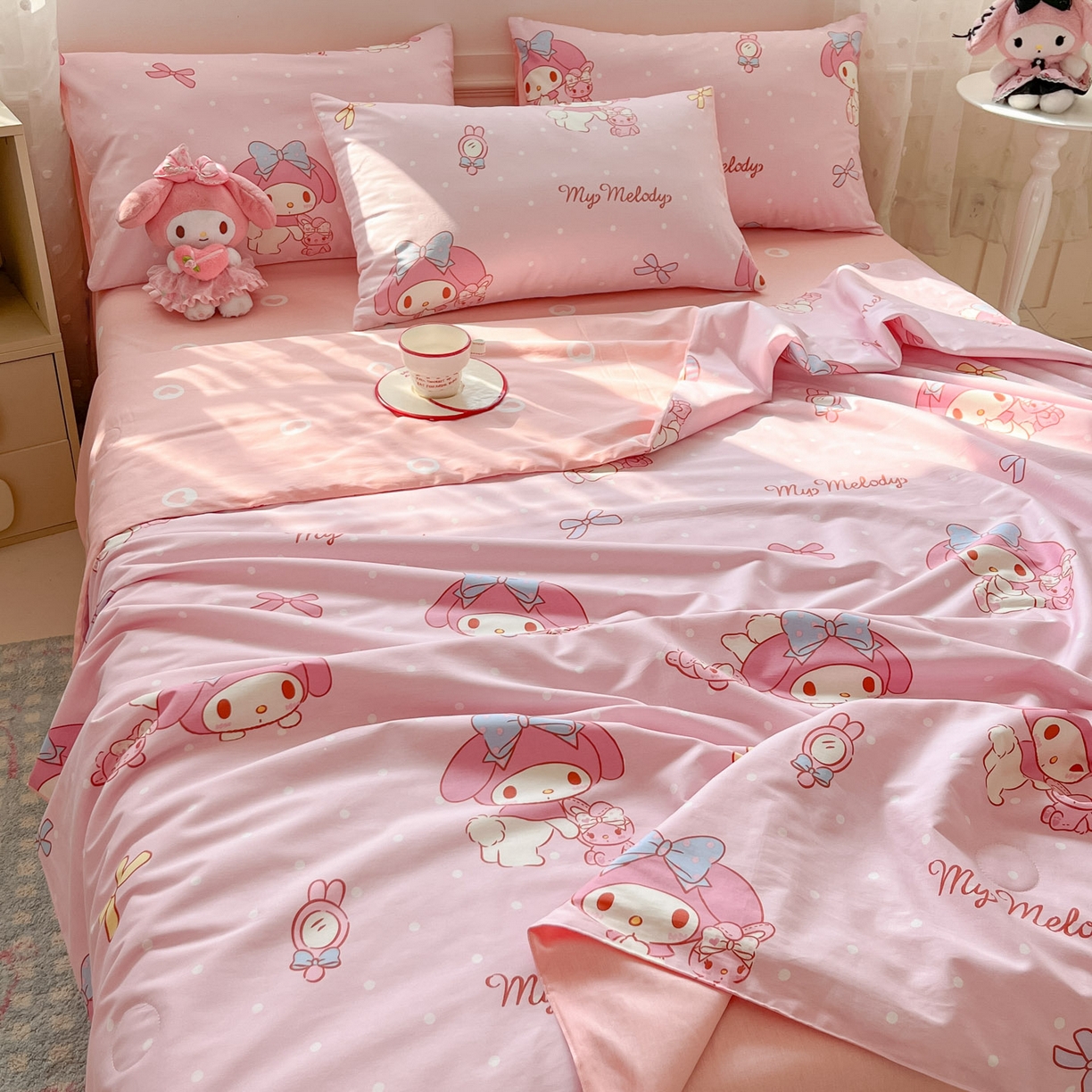 91家纺网 家纺一手货源 找家纺 博雅 2026春夏新款三丽鸥全棉夏被夏凉被空调被四件套 小兔美乐蒂