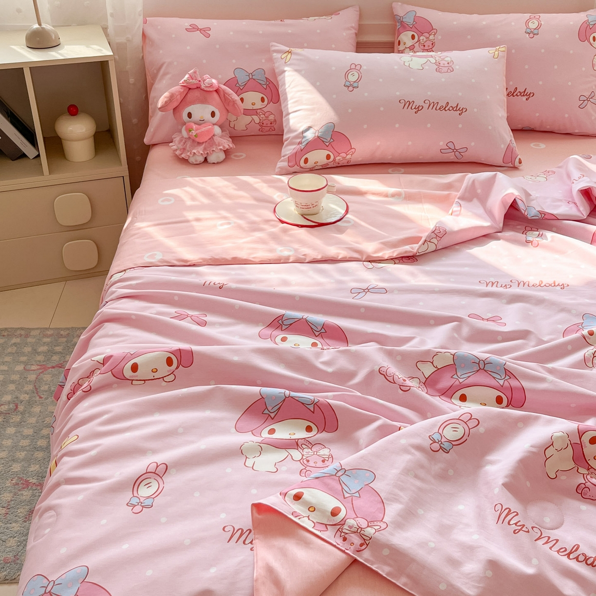 91家纺网 家纺一手货源 找家纺 博雅 2026春夏新款三丽鸥全棉夏被夏凉被空调被四件套 小兔美乐蒂