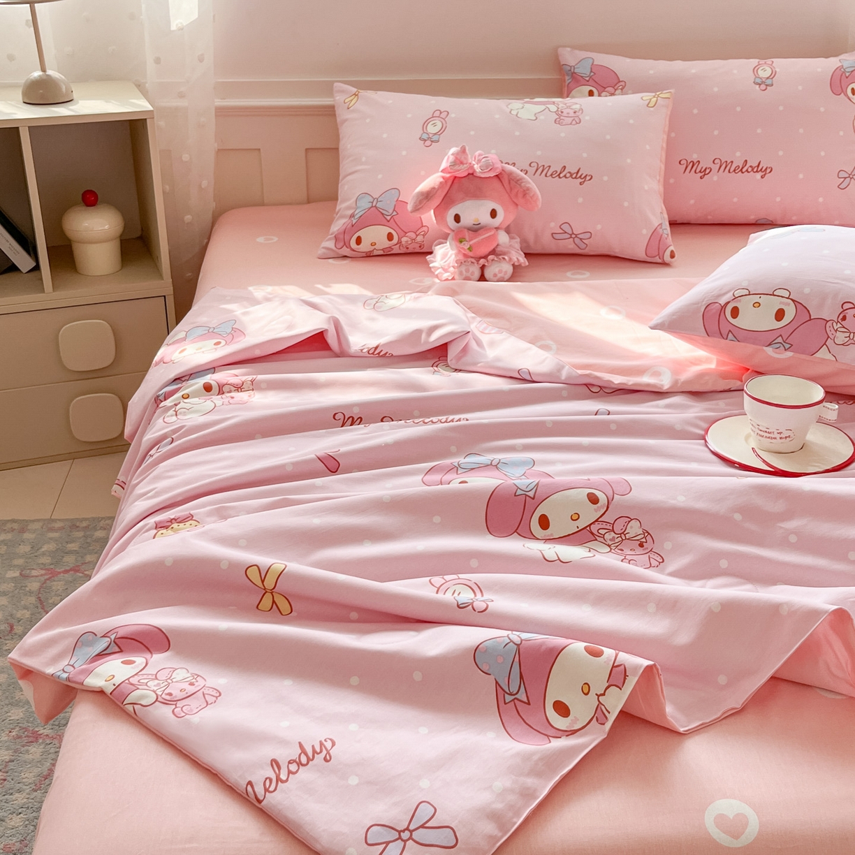 91家纺网 家纺一手货源 找家纺 博雅 2026春夏新款三丽鸥全棉夏被夏凉被空调被四件套 小兔美乐蒂