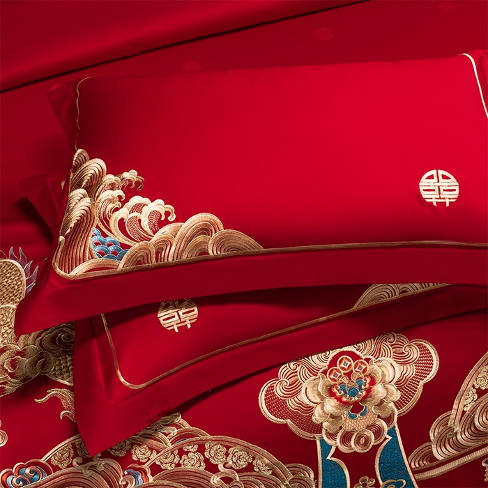 91家纺网 家纺一手货源 找家纺 （总）千禧家纺 2025新款双面长绒棉提花工艺重工刺绣婚庆多件套