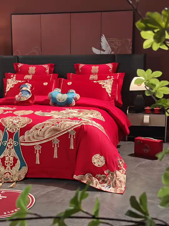 91家纺网 家纺一手货源 找家纺 （总）千禧家纺 2025新款双面长绒棉提花工艺重工刺绣婚庆多件套