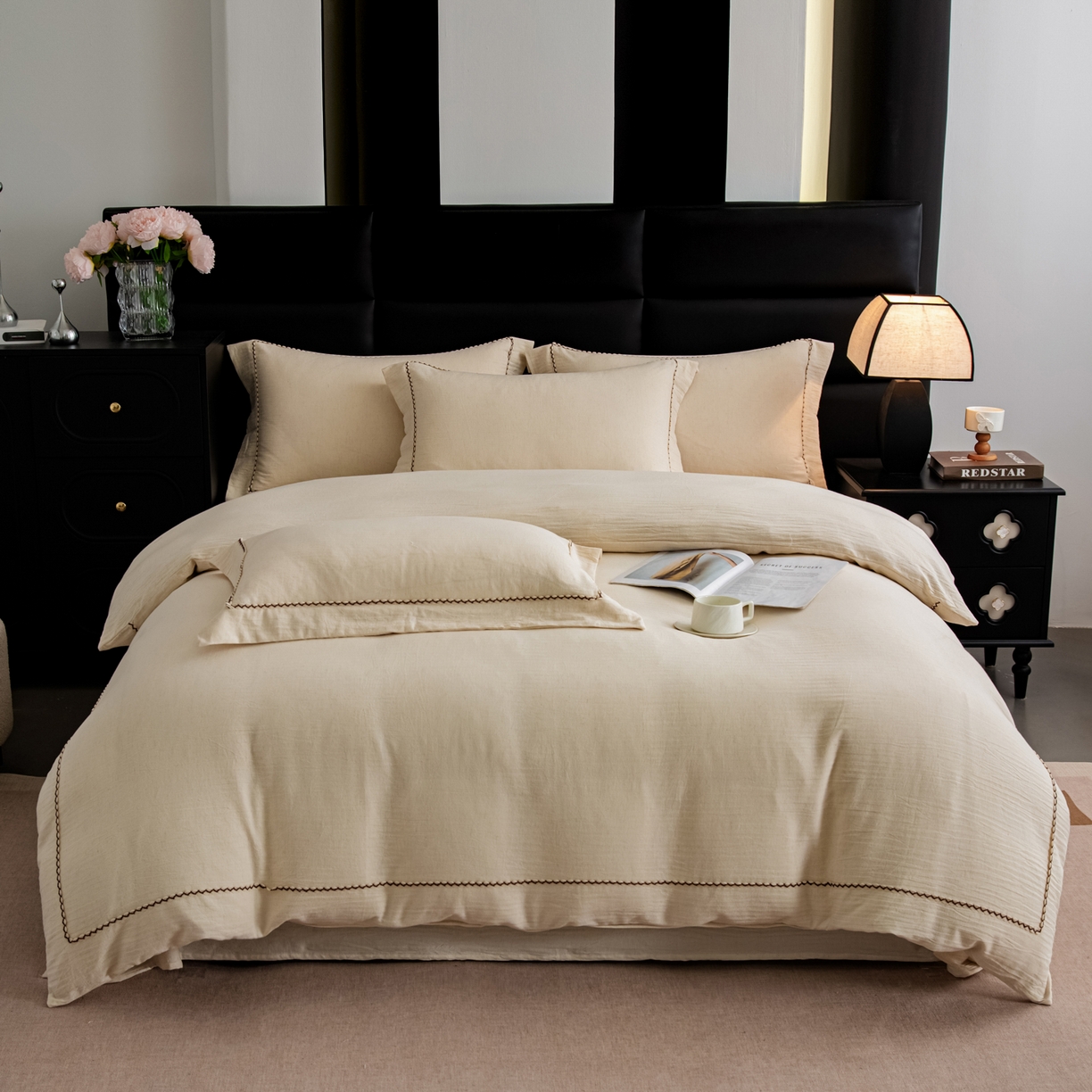 91家纺网 家纺一手货源 找家纺 慕梵家居 2026春夏新款全棉棉麻简约纯色系列四件套-棉麻 棉麻-本白