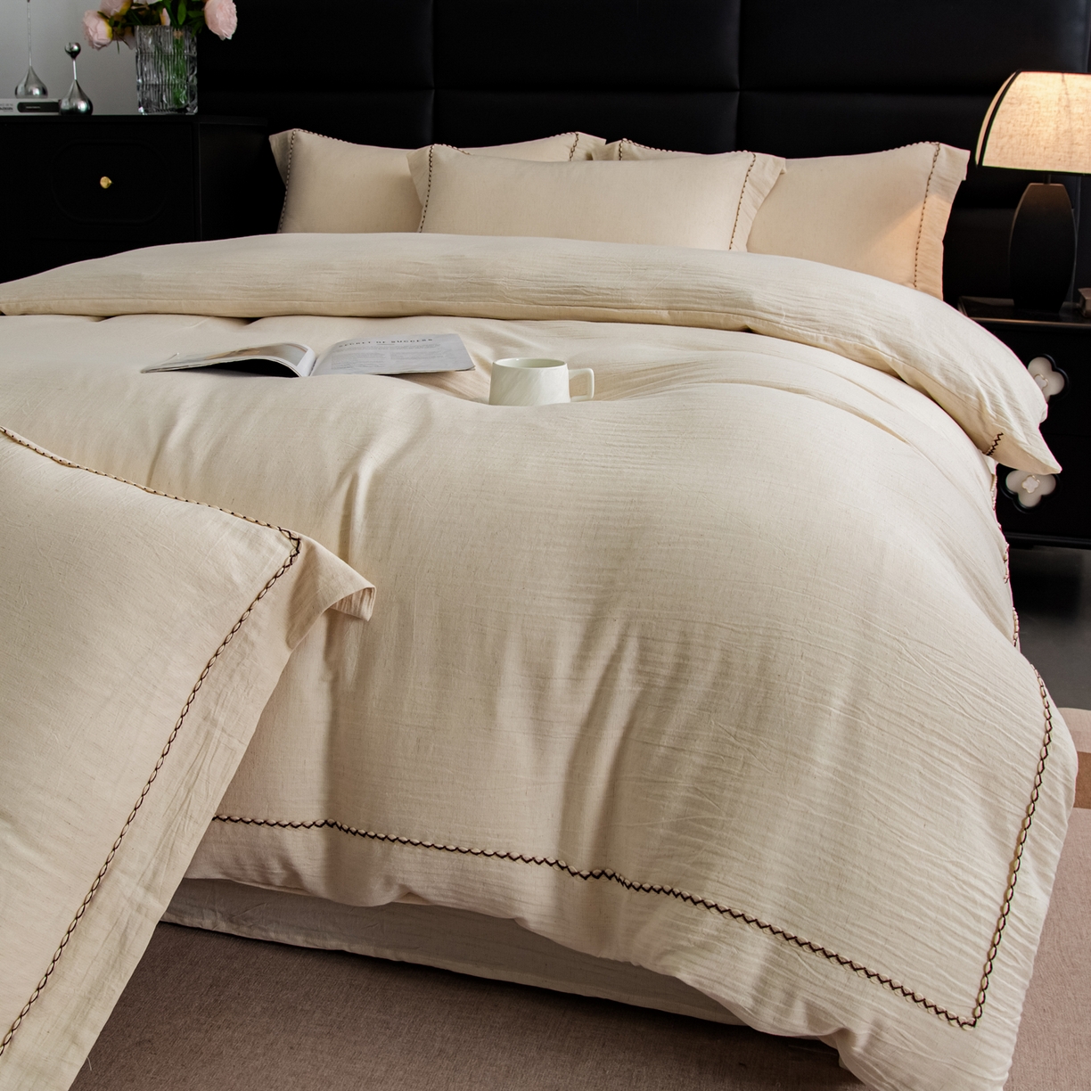 91家纺网 家纺一手货源 找家纺 慕梵家居 2026春夏新款全棉棉麻简约纯色系列四件套-棉麻 棉麻-本白