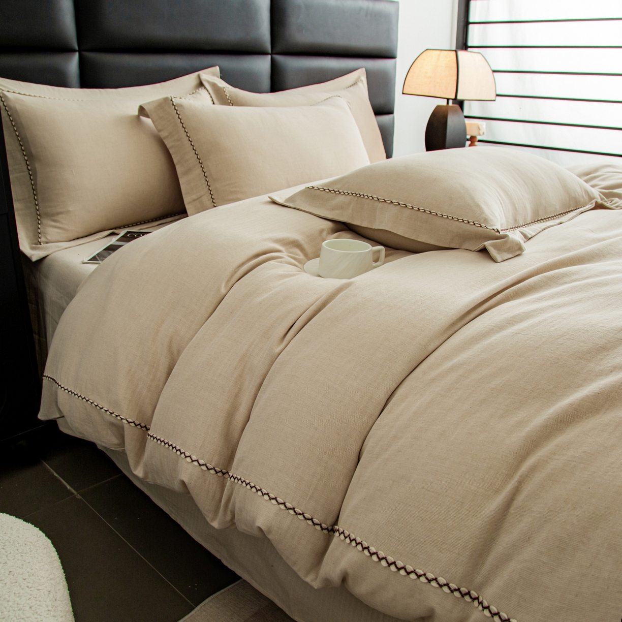 91家纺网 家纺一手货源 找家纺 慕梵家居 2026春夏新款全棉棉麻简约纯色系列四件套-棉麻 棉麻-卡其