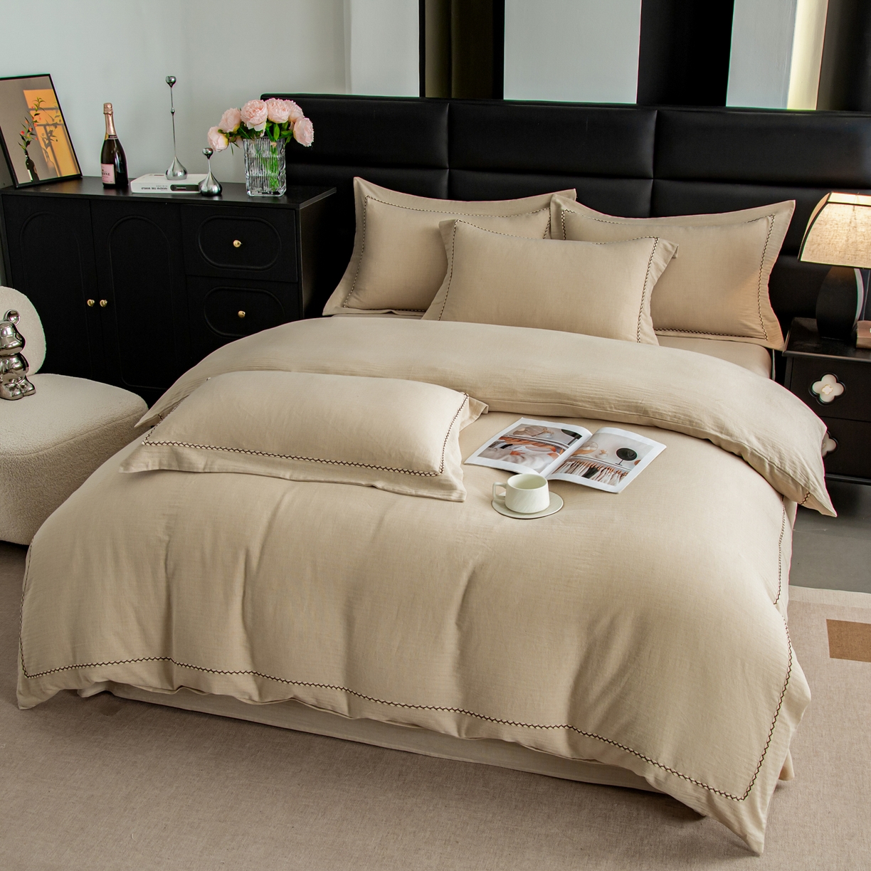 91家纺网 家纺一手货源 找家纺 慕梵家居 2026春夏新款全棉棉麻简约纯色系列四件套-棉麻 棉麻-卡其