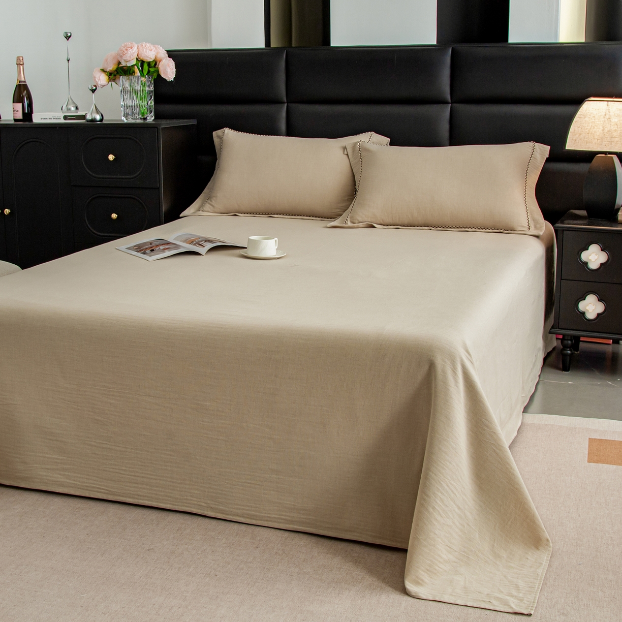 91家纺网 家纺一手货源 找家纺 慕梵家居 2026春夏新款全棉棉麻简约纯色系列四件套-棉麻 棉麻-卡其