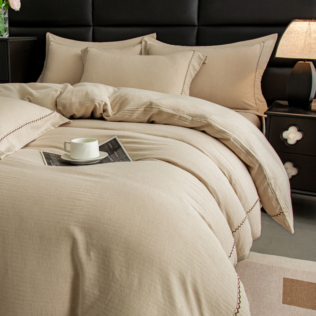 91家纺网 家纺一手货源 找家纺 慕梵家居 2026春夏新款全棉棉麻简约纯色系列四件套-棉麻 棉麻-卡其