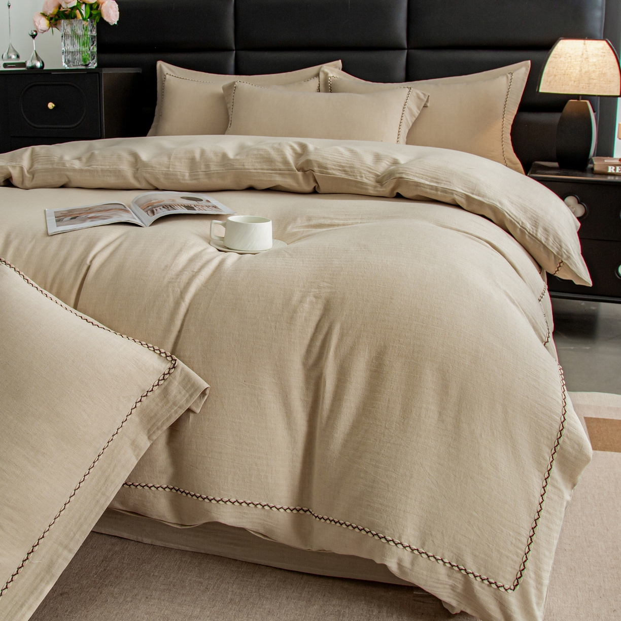 91家纺网 家纺一手货源 找家纺 慕梵家居 2026春夏新款全棉棉麻简约纯色系列四件套-棉麻 棉麻-卡其