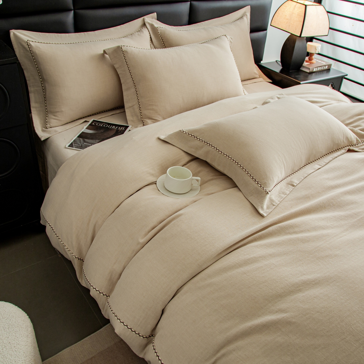 91家纺网 家纺一手货源 找家纺 慕梵家居 2026春夏新款全棉棉麻简约纯色系列四件套-棉麻 棉麻-卡其