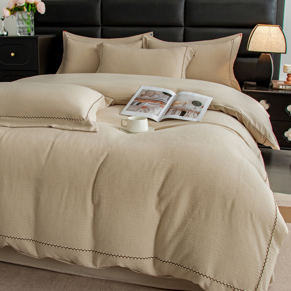 91家纺网 家纺一手货源 找家纺 慕梵家居 2026春夏新款全棉棉麻简约纯色系列四件套-棉麻 棉麻-卡其