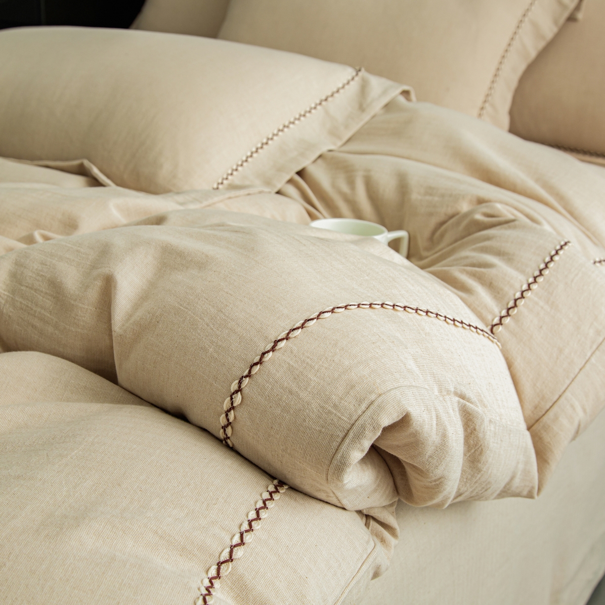 91家纺网 家纺一手货源 找家纺 慕梵家居 2026春夏新款全棉棉麻简约纯色系列四件套-棉麻 棉麻-卡其