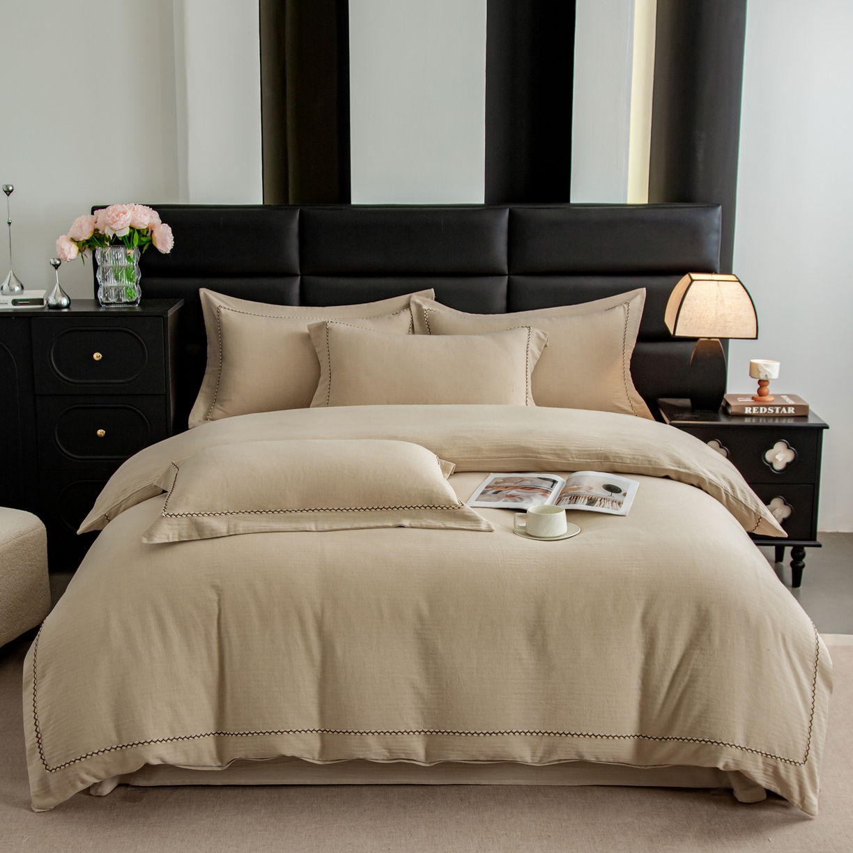 91家纺网 家纺一手货源 找家纺 慕梵家居 2026春夏新款全棉棉麻简约纯色系列四件套-棉麻 棉麻-卡其