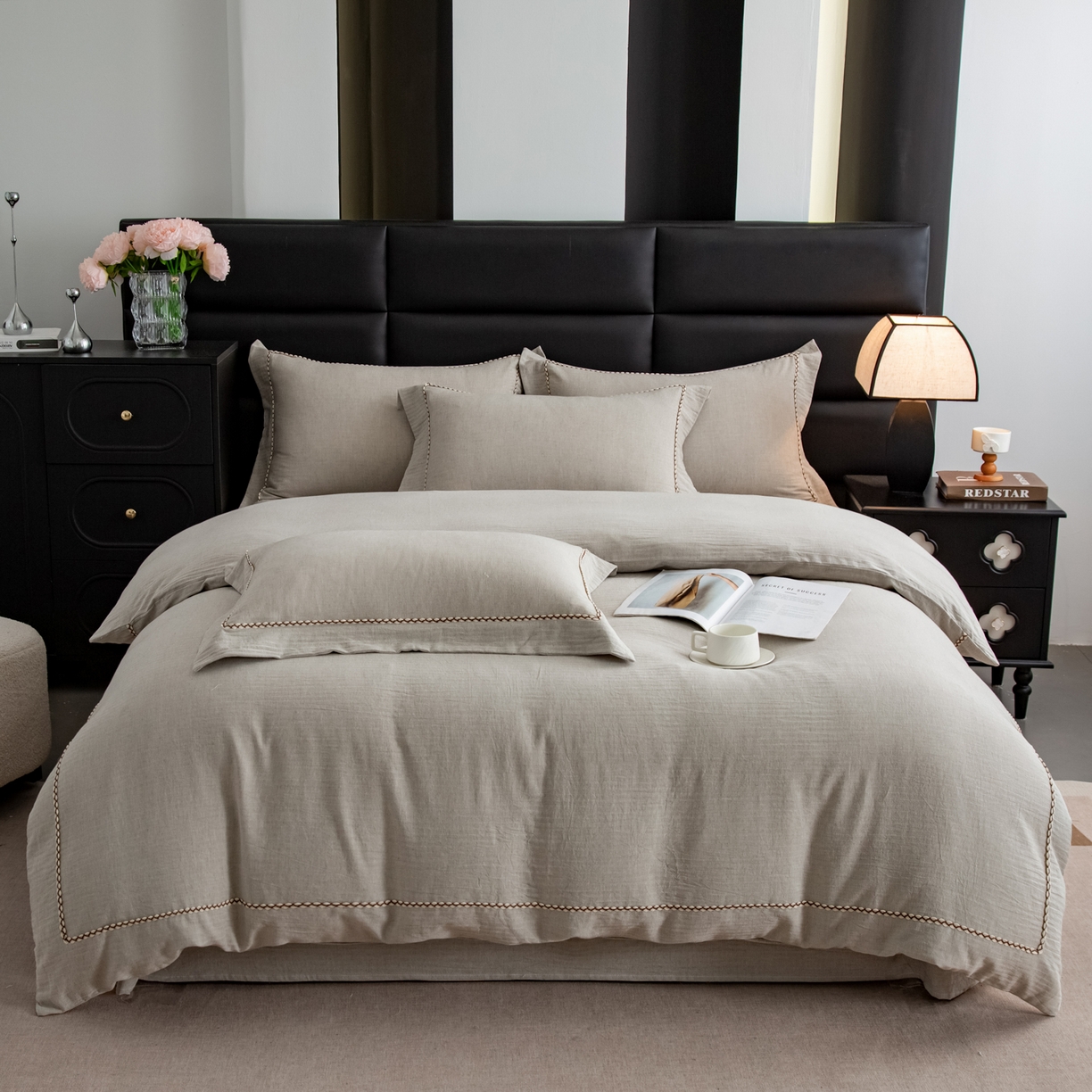 91家纺网 家纺一手货源 找家纺 慕梵家居 2026春夏新款全棉棉麻简约纯色系列四件套-棉麻 棉麻-浅灰