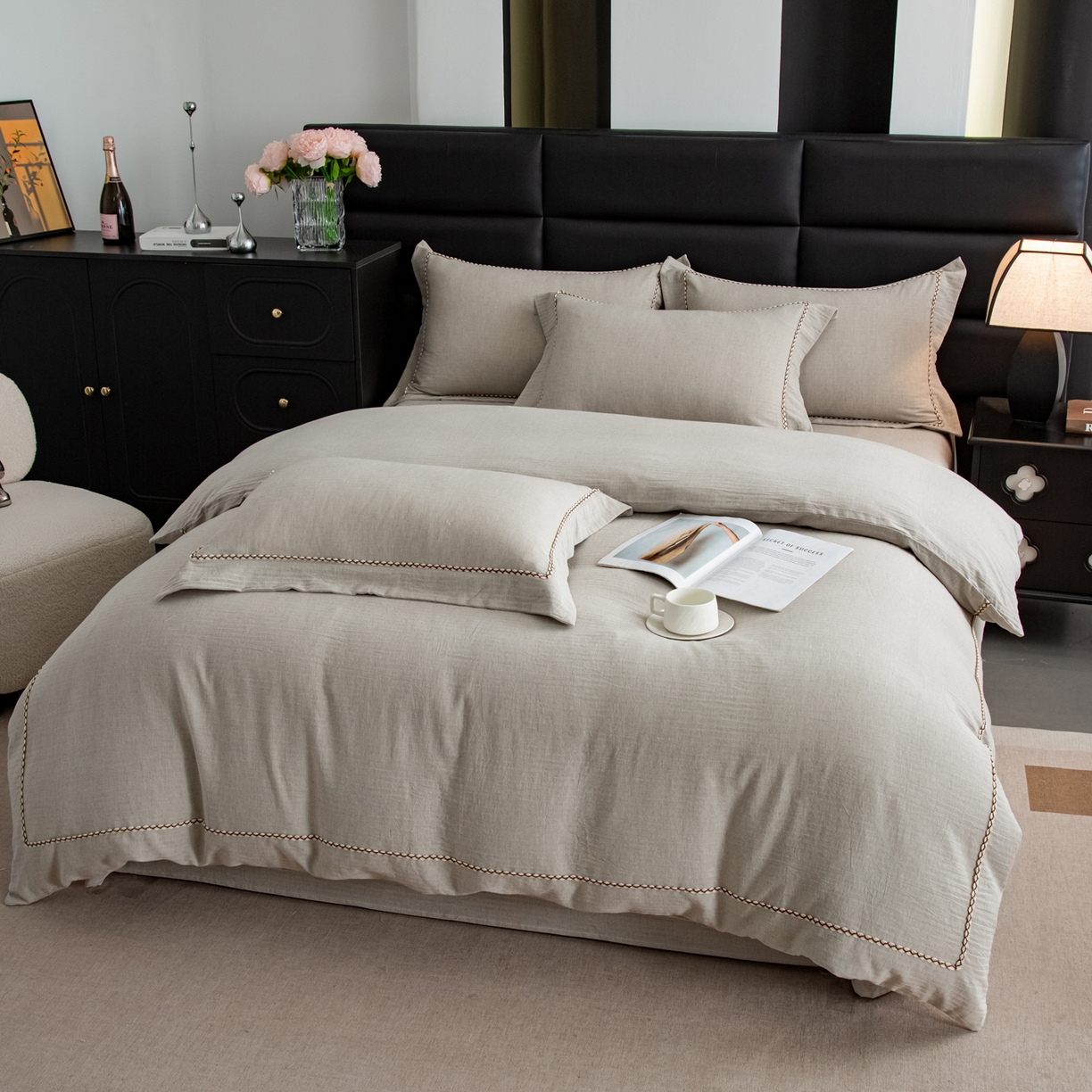 91家纺网 家纺一手货源 找家纺 慕梵家居 2026春夏新款全棉棉麻简约纯色系列四件套-棉麻 棉麻-浅灰