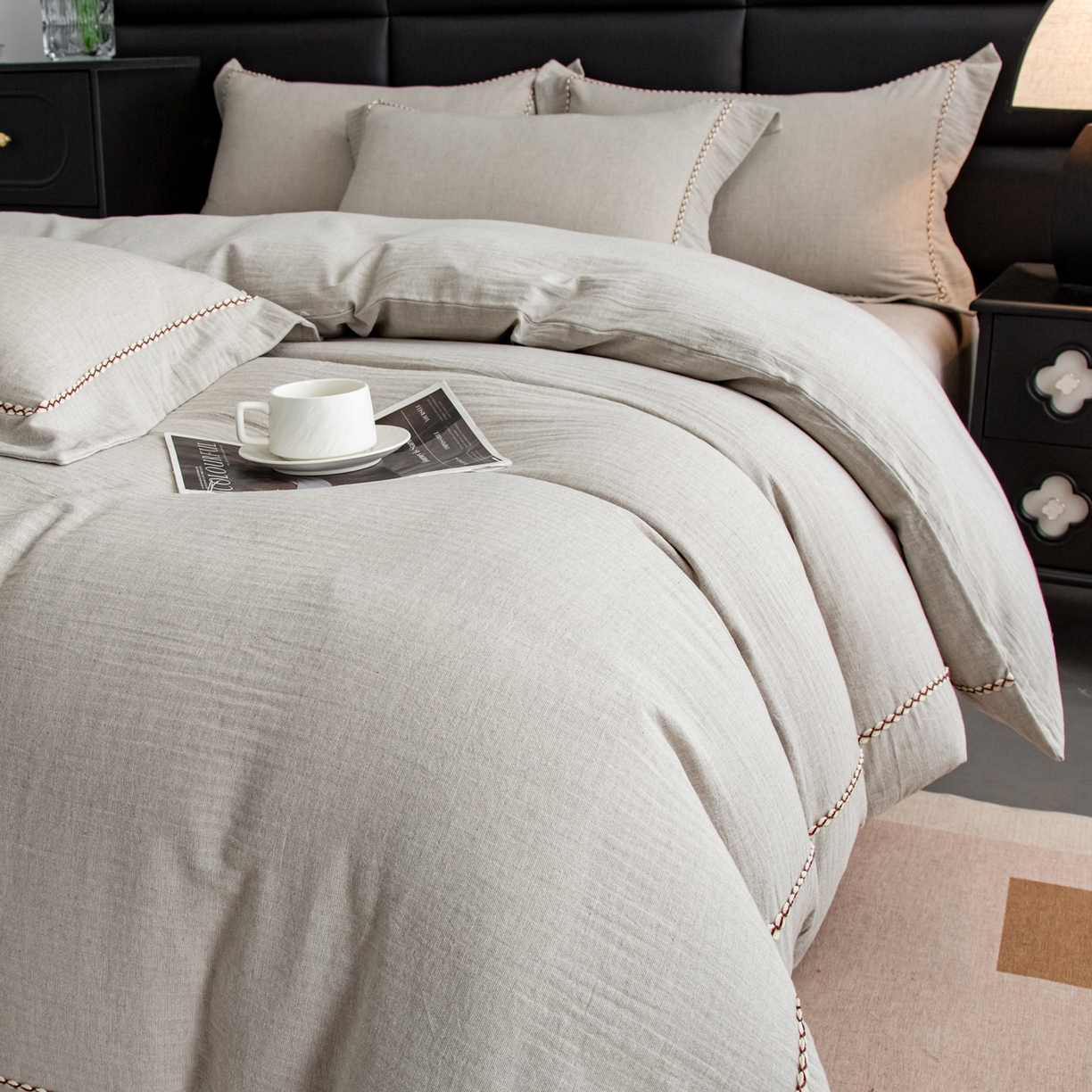 91家纺网 家纺一手货源 找家纺 慕梵家居 2026春夏新款全棉棉麻简约纯色系列四件套-棉麻 棉麻-浅灰