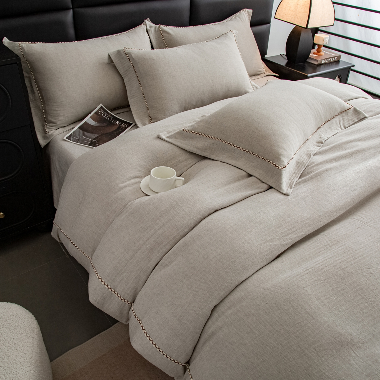 91家纺网 家纺一手货源 找家纺 慕梵家居 2026春夏新款全棉棉麻简约纯色系列四件套-棉麻 棉麻-浅灰