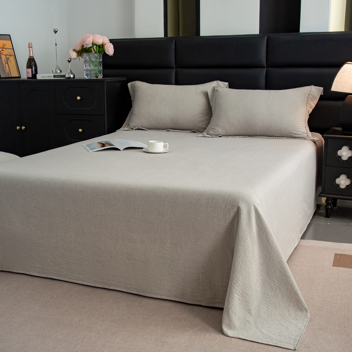 91家纺网 家纺一手货源 找家纺 慕梵家居 2026春夏新款全棉棉麻简约纯色系列四件套-棉麻 棉麻-浅灰