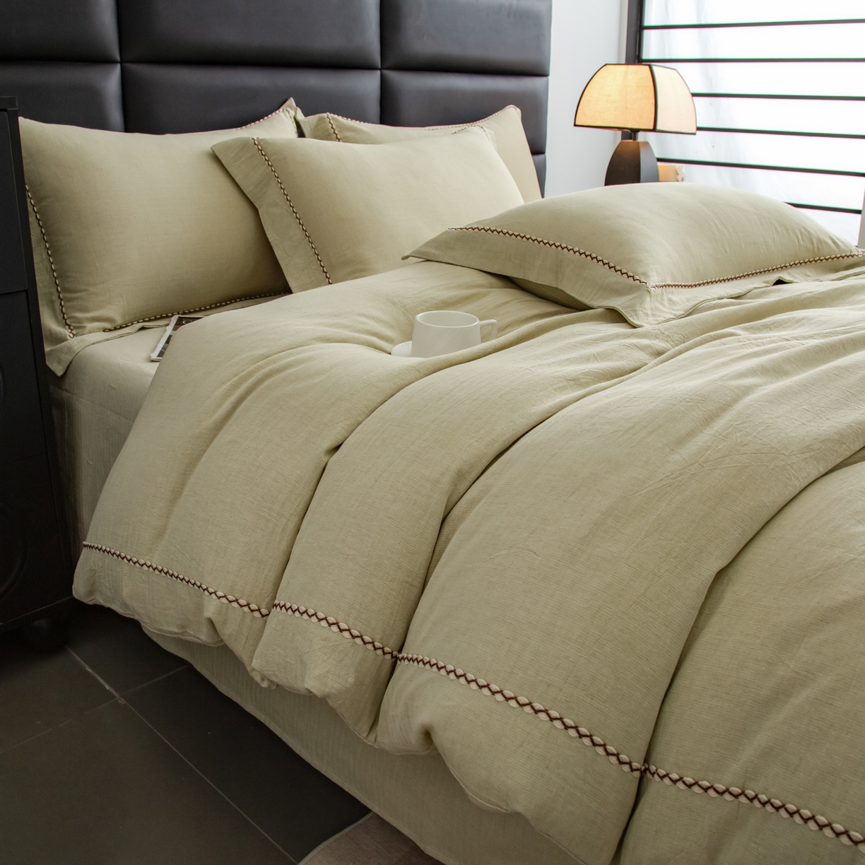 91家纺网 家纺一手货源 找家纺 慕梵家居 2026春夏新款全棉棉麻简约纯色系列四件套-棉麻 棉麻-青禾