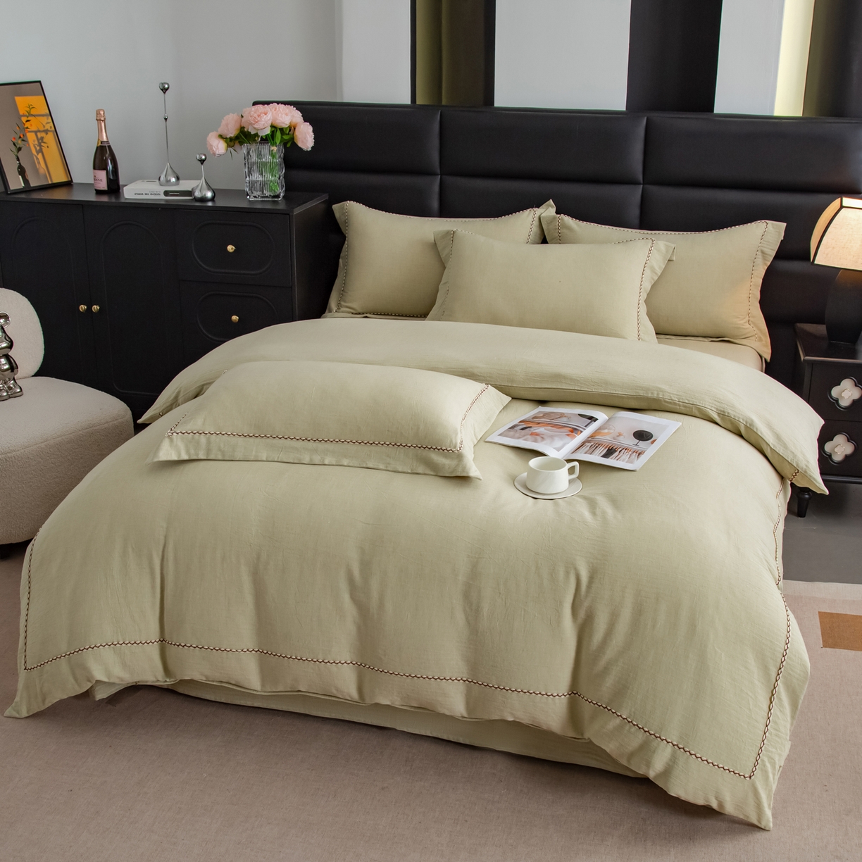 91家纺网 家纺一手货源 找家纺 慕梵家居 2026春夏新款全棉棉麻简约纯色系列四件套-棉麻 棉麻-青禾