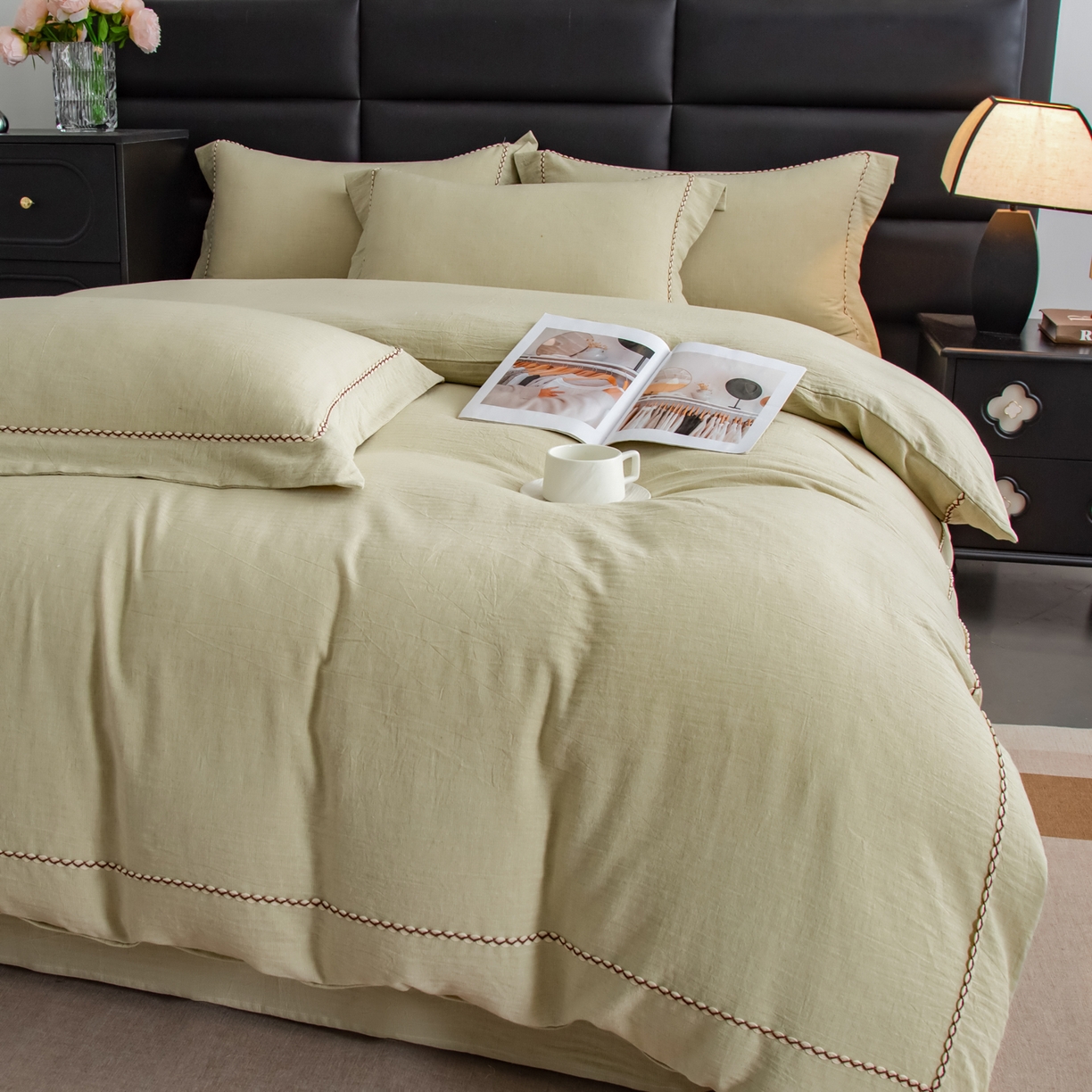 91家纺网 家纺一手货源 找家纺 慕梵家居 2026春夏新款全棉棉麻简约纯色系列四件套-棉麻 棉麻-青禾