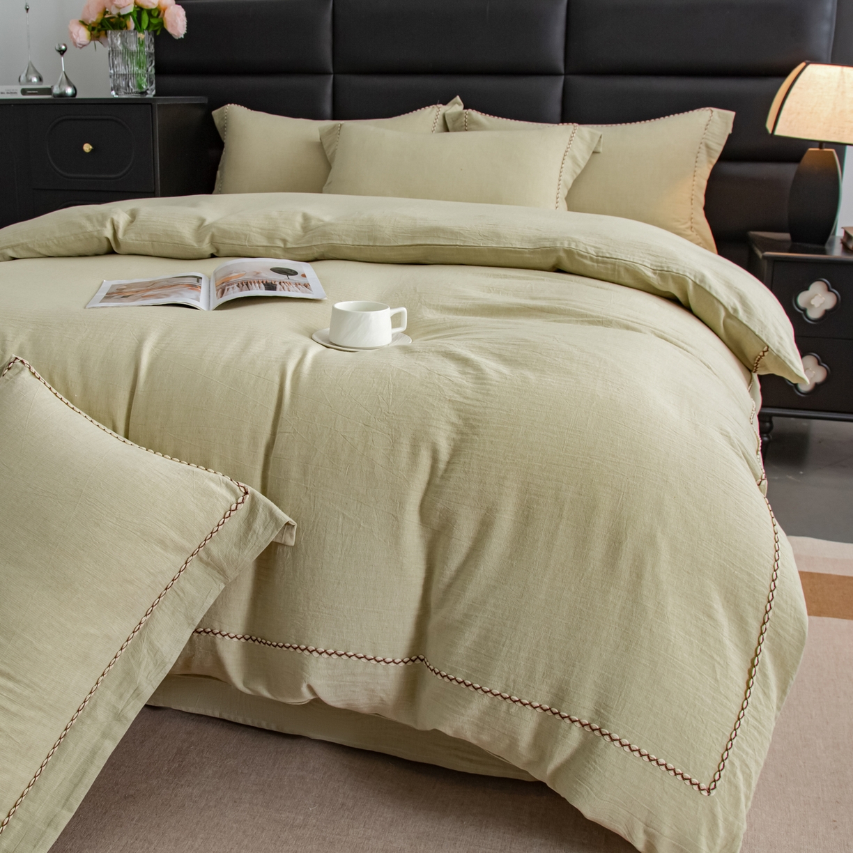 91家纺网 家纺一手货源 找家纺 慕梵家居 2026春夏新款全棉棉麻简约纯色系列四件套-棉麻 棉麻-青禾