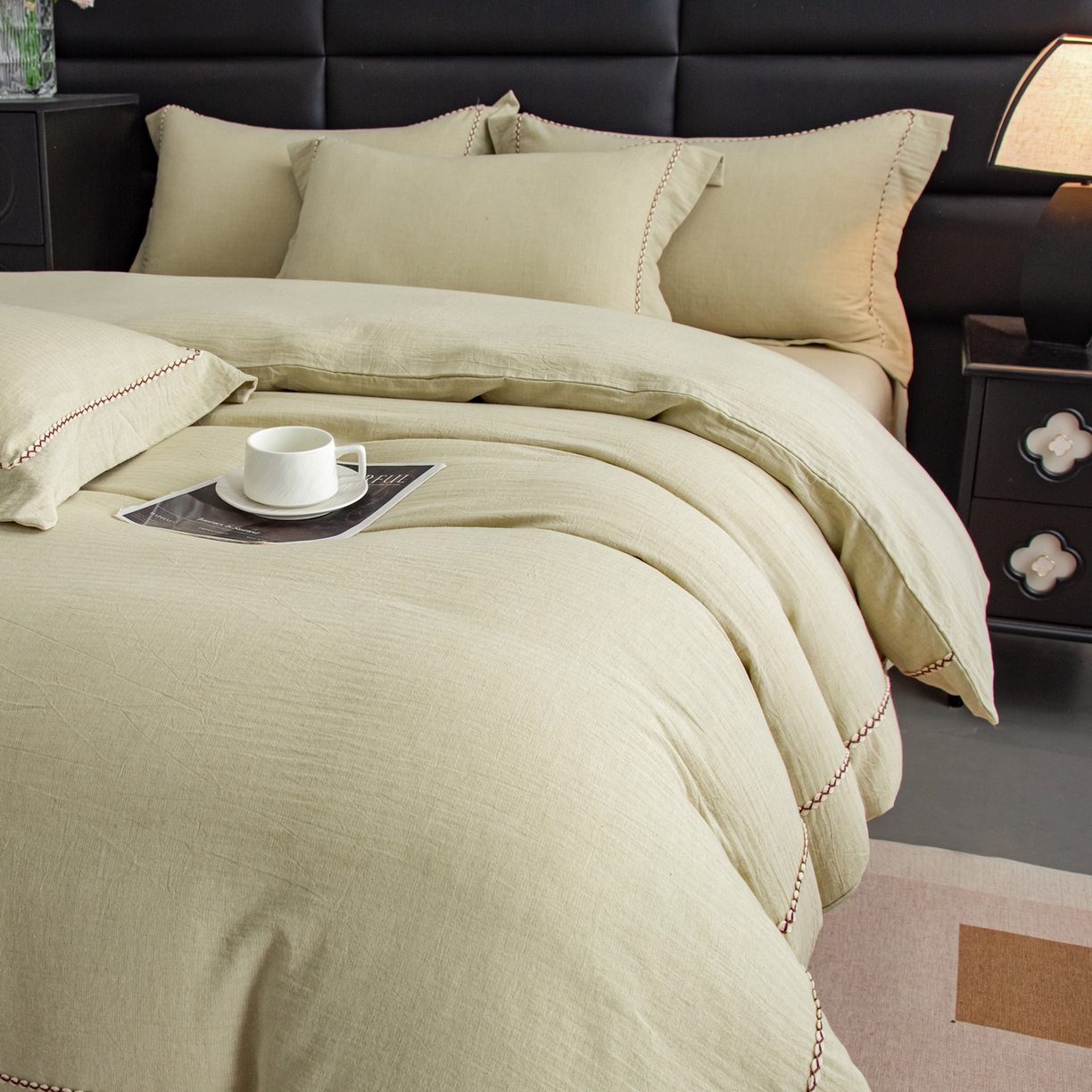 91家纺网 家纺一手货源 找家纺 慕梵家居 2026春夏新款全棉棉麻简约纯色系列四件套-棉麻 棉麻-青禾