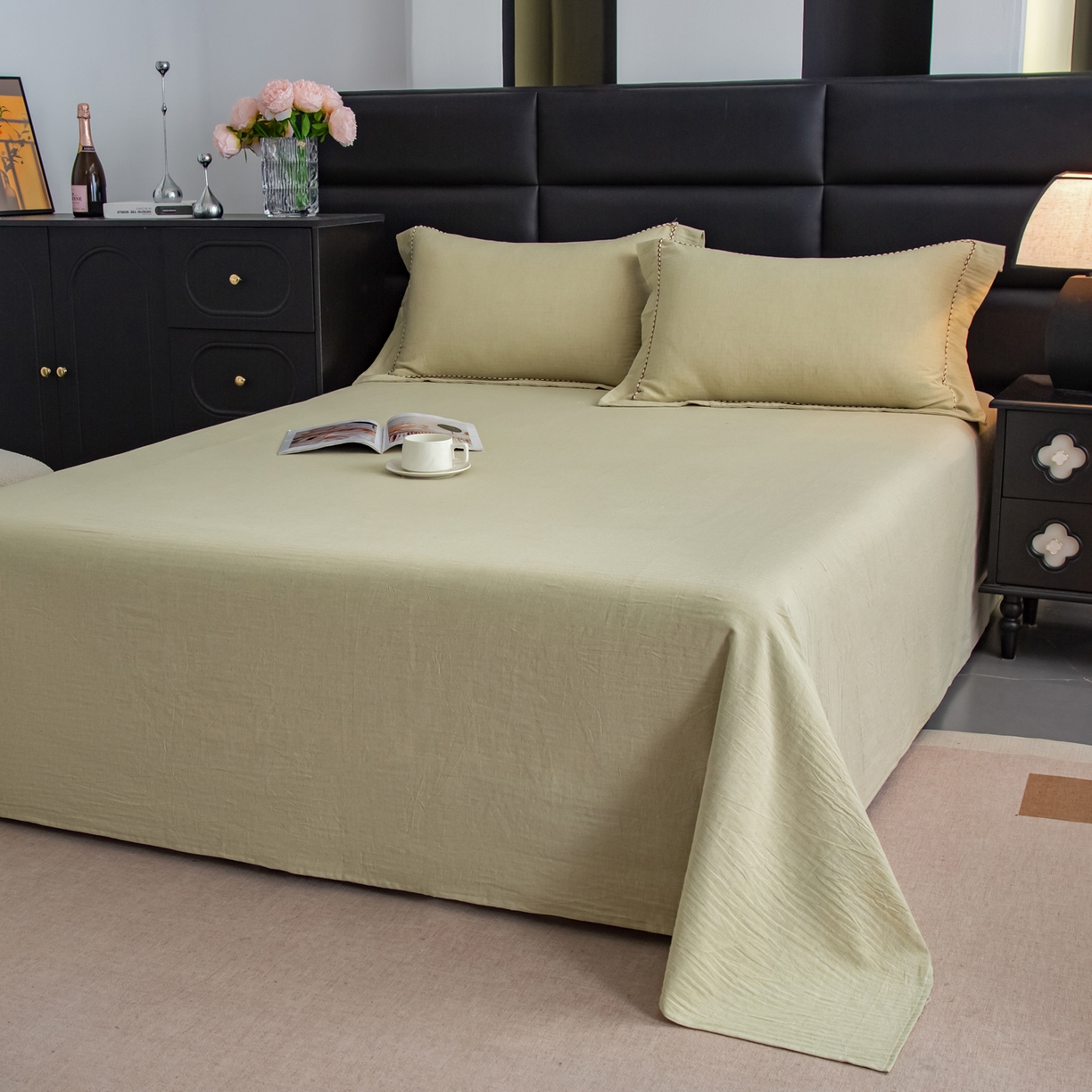 91家纺网 家纺一手货源 找家纺 慕梵家居 2026春夏新款全棉棉麻简约纯色系列四件套-棉麻 棉麻-青禾