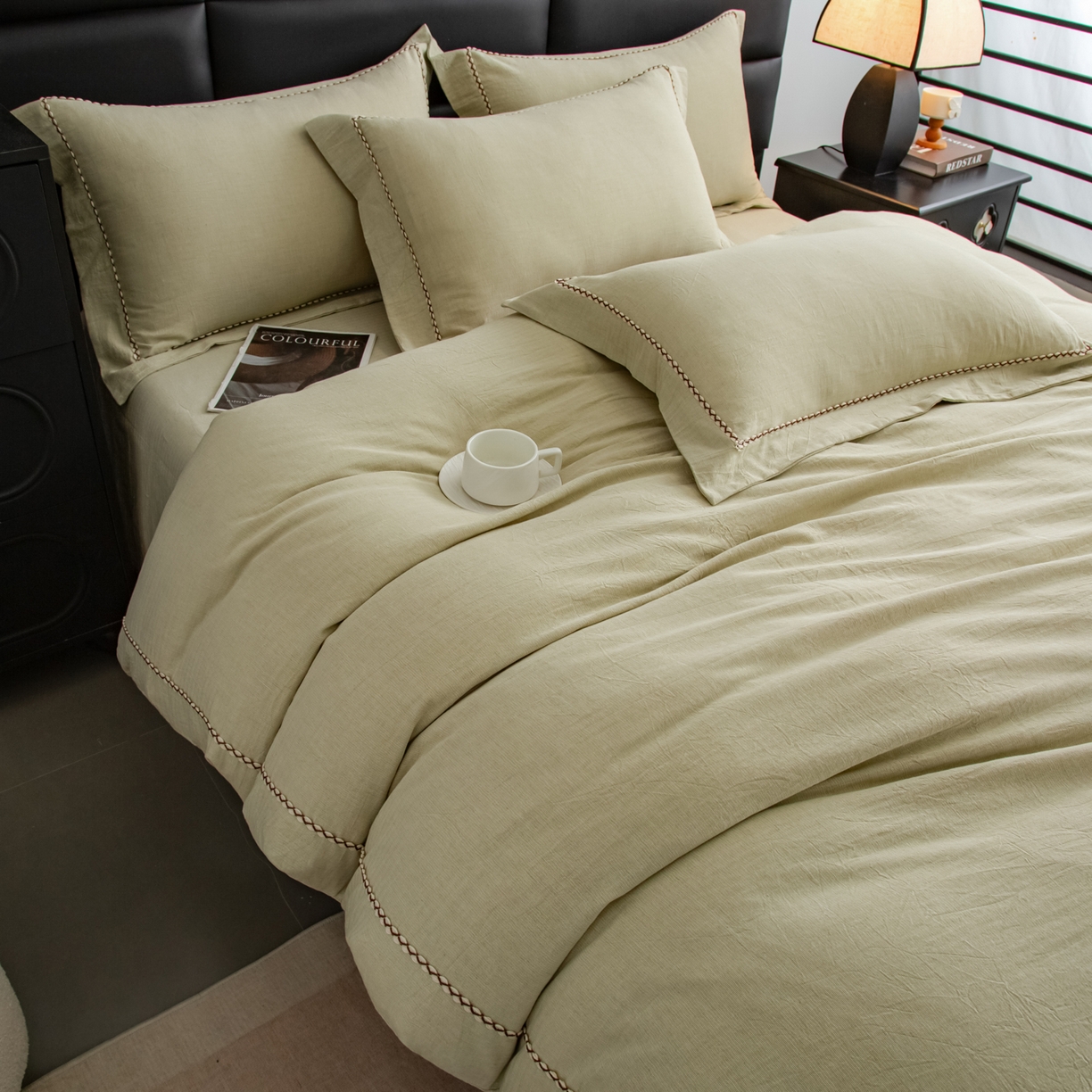 91家纺网 家纺一手货源 找家纺 慕梵家居 2026春夏新款全棉棉麻简约纯色系列四件套-棉麻 棉麻-青禾