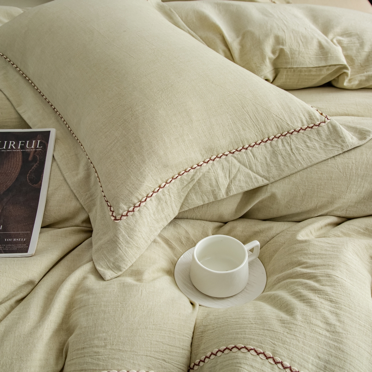 91家纺网 家纺一手货源 找家纺 慕梵家居 2026春夏新款全棉棉麻简约纯色系列四件套-棉麻 棉麻-青禾