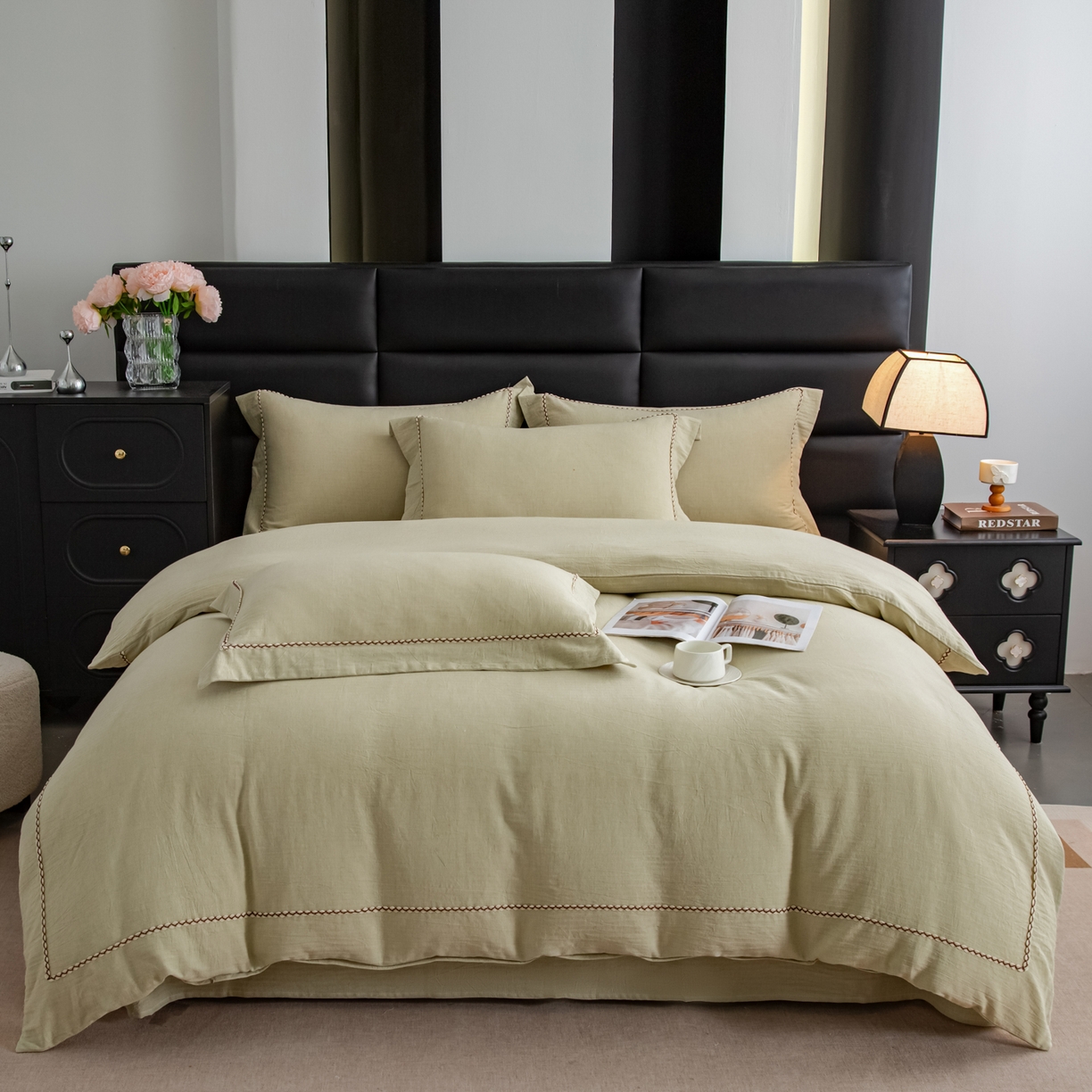 91家纺网 家纺一手货源 找家纺 慕梵家居 2026春夏新款全棉棉麻简约纯色系列四件套-棉麻 棉麻-青禾